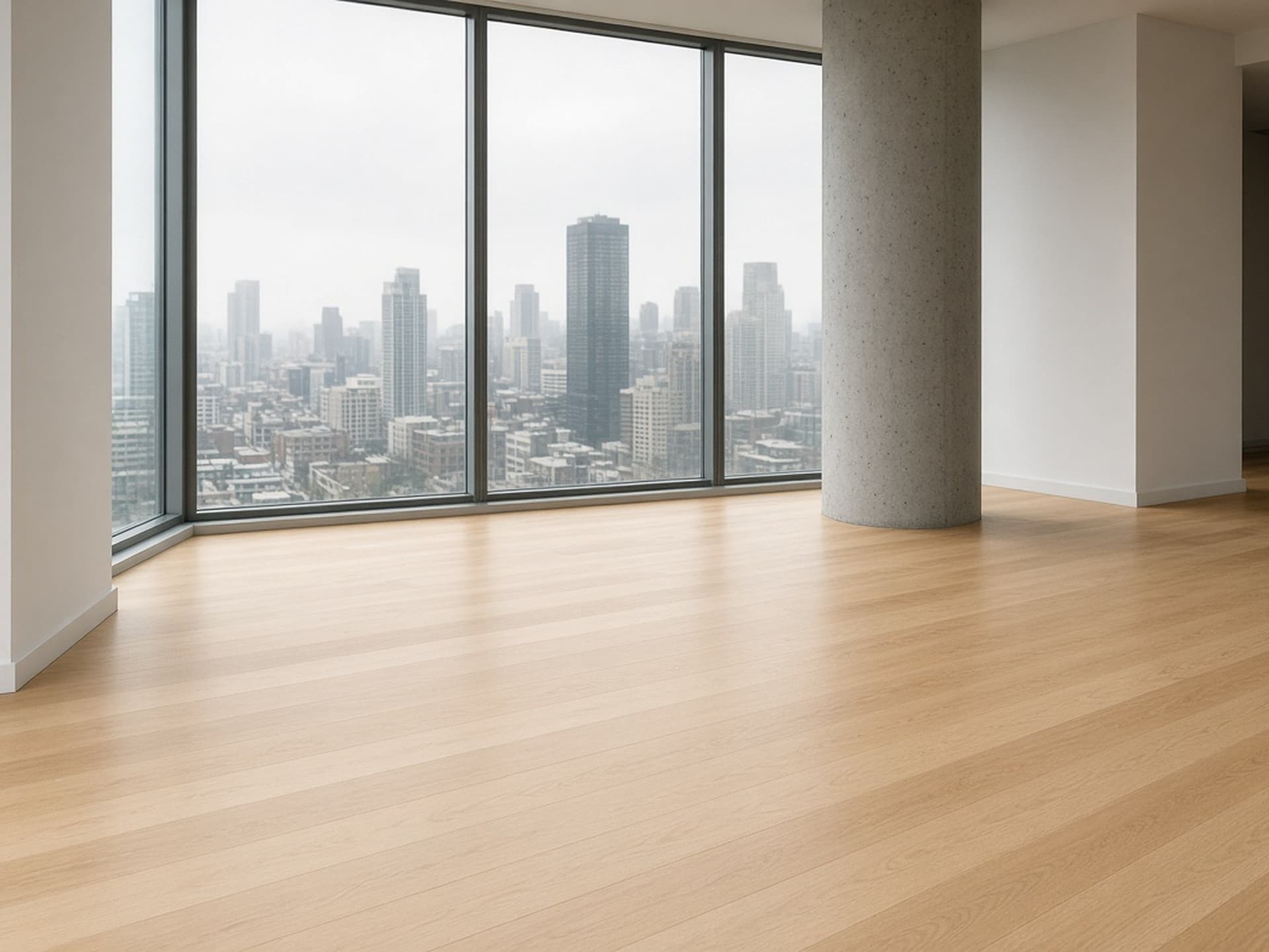 Freshly refinished maple hardwood floors in a bright Toronto-area condo.