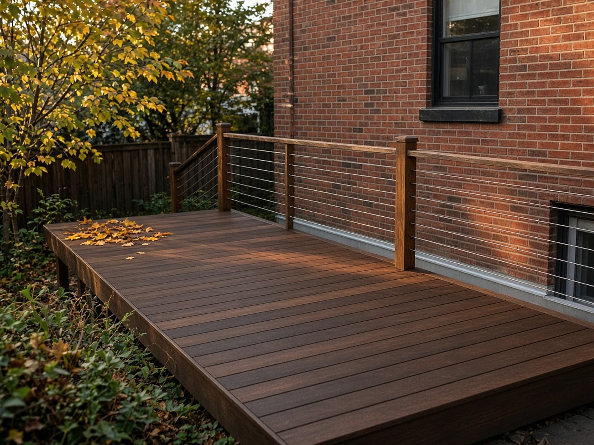 The same deck rebuilt in dense dark hardwood with hidden fasteners and a stainless cable rail.