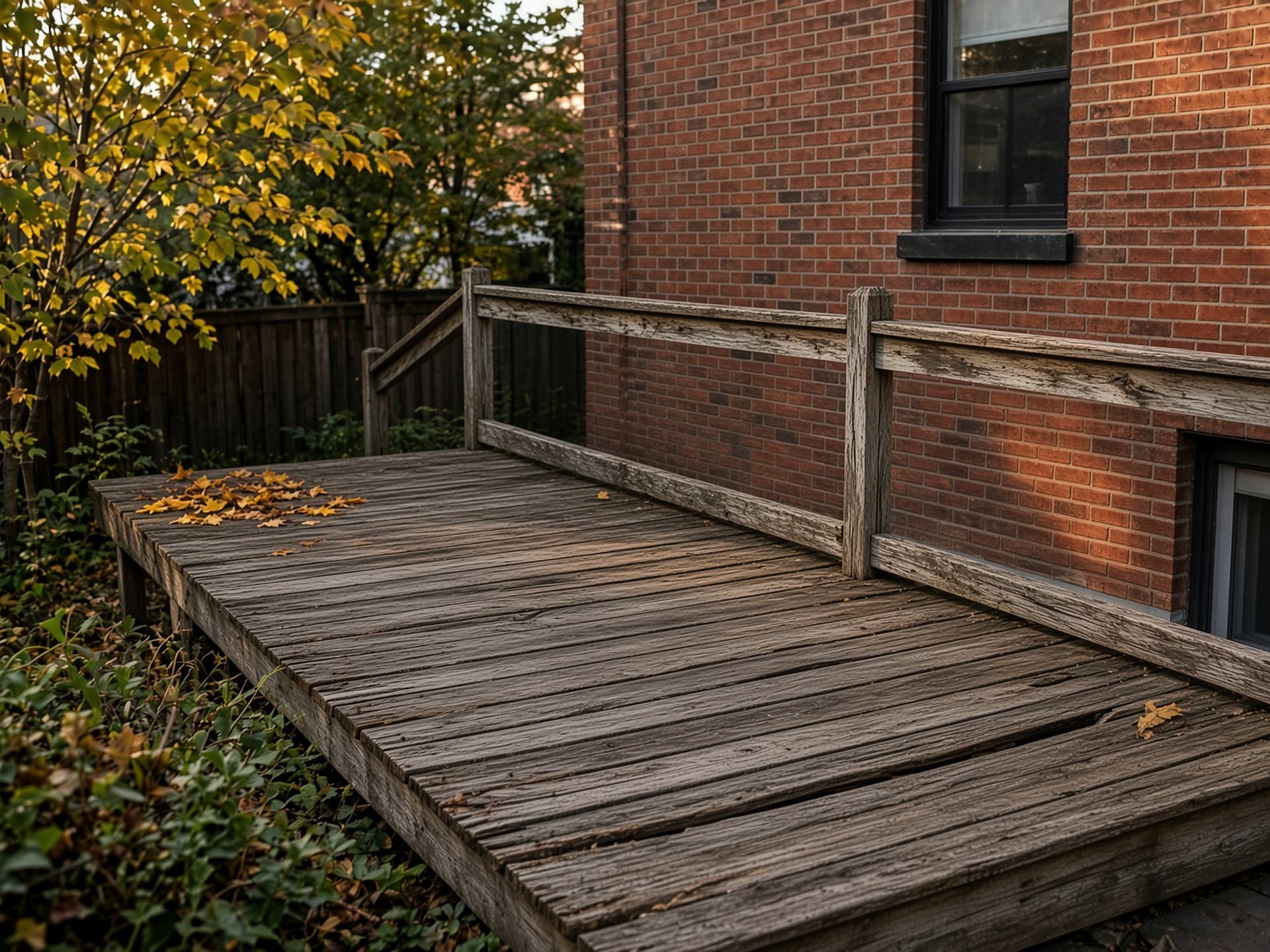 A weathered grey back deck on a brick house, boards splitting and a section sagging near the wall.