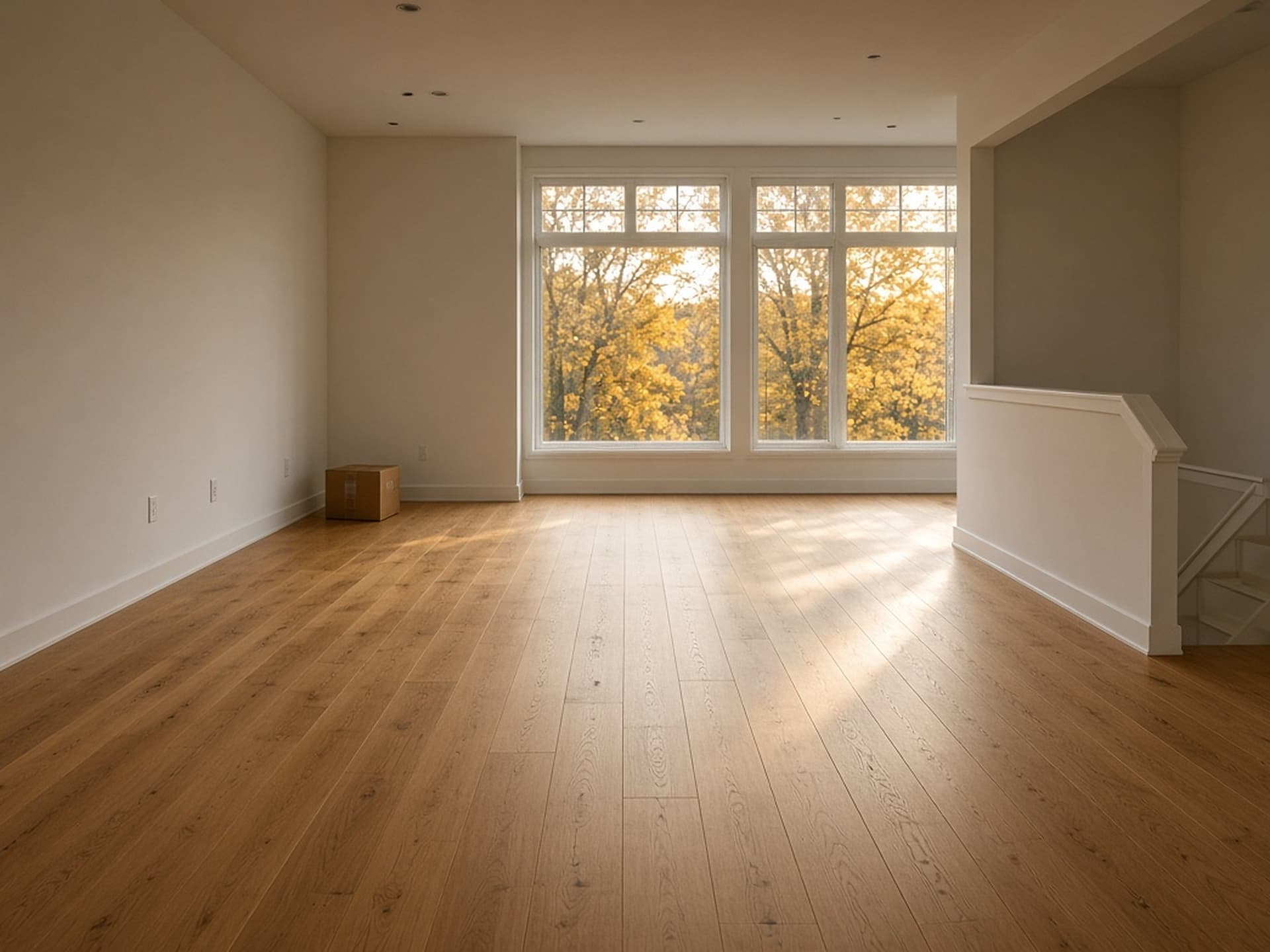 The same floor with wide-plank white oak installed and site-finished, running toward the windows.