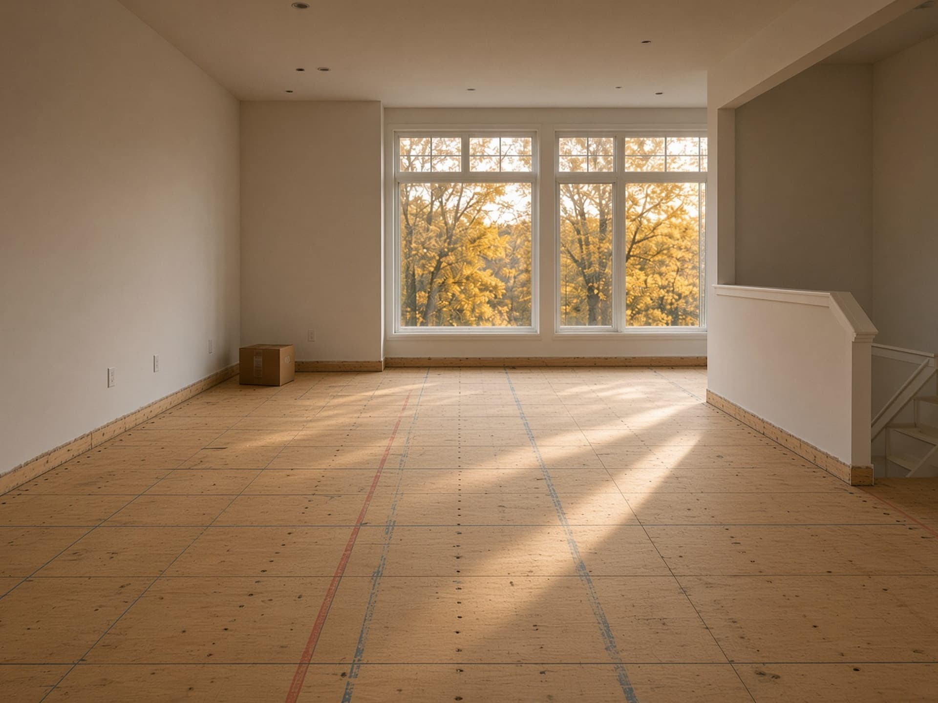 An empty main floor with a bare plywood subfloor, chalk snap-lines still visible, trim not yet installed.