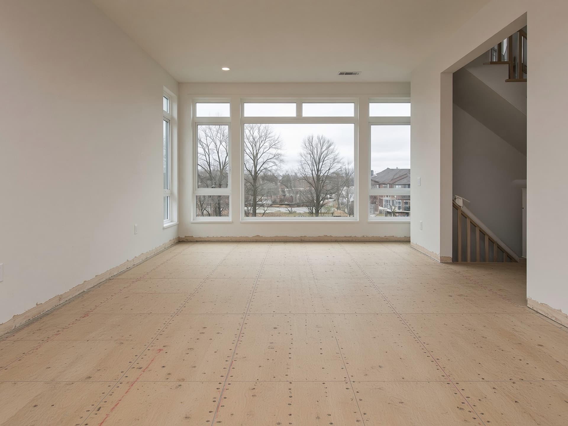 An empty main floor with a bare plywood subfloor, chalk snap-lines still visible, trim not yet installed.