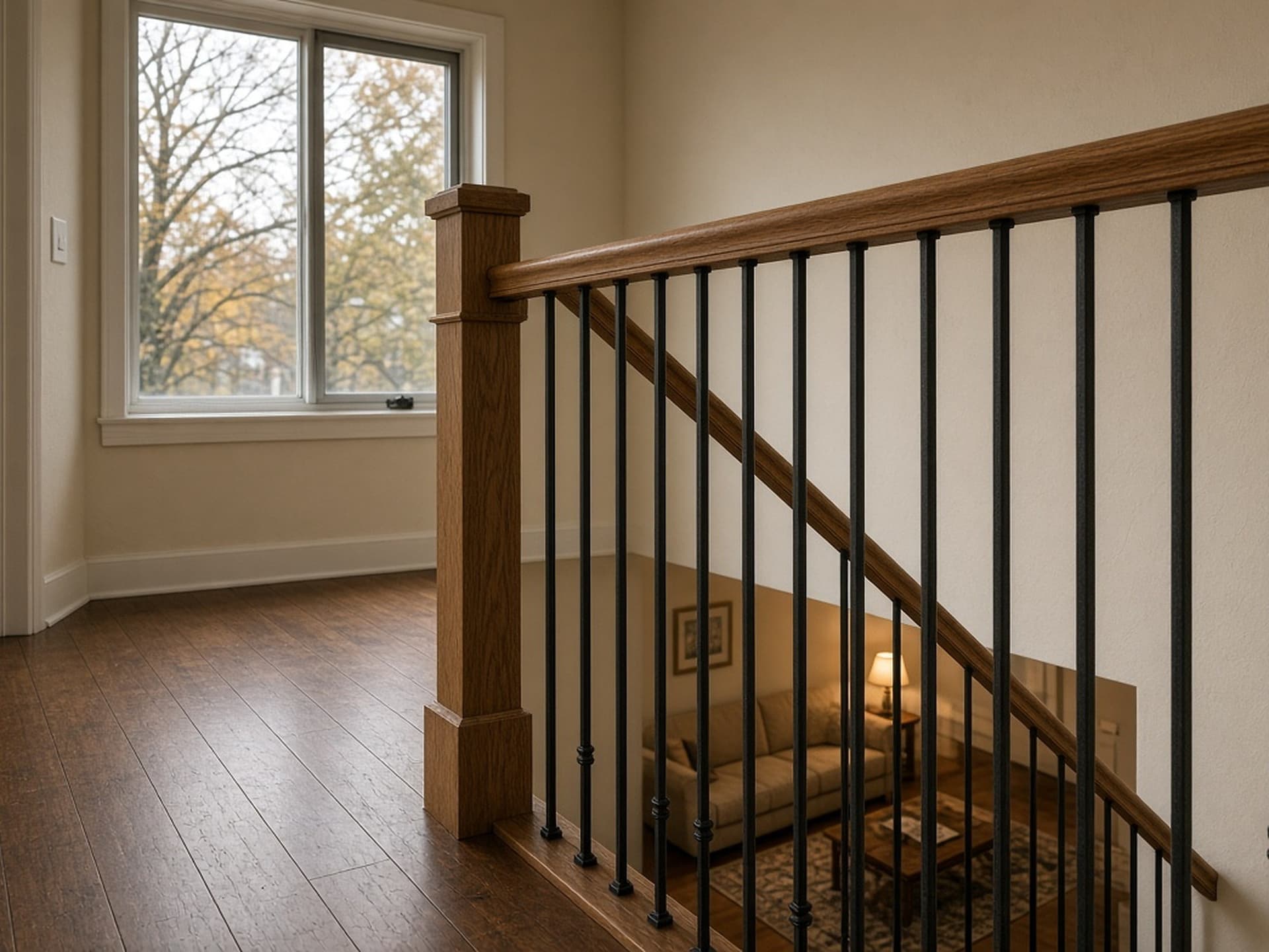 The same landing with a graspable oak handrail at code height, through-bolted newel and iron balusters.
