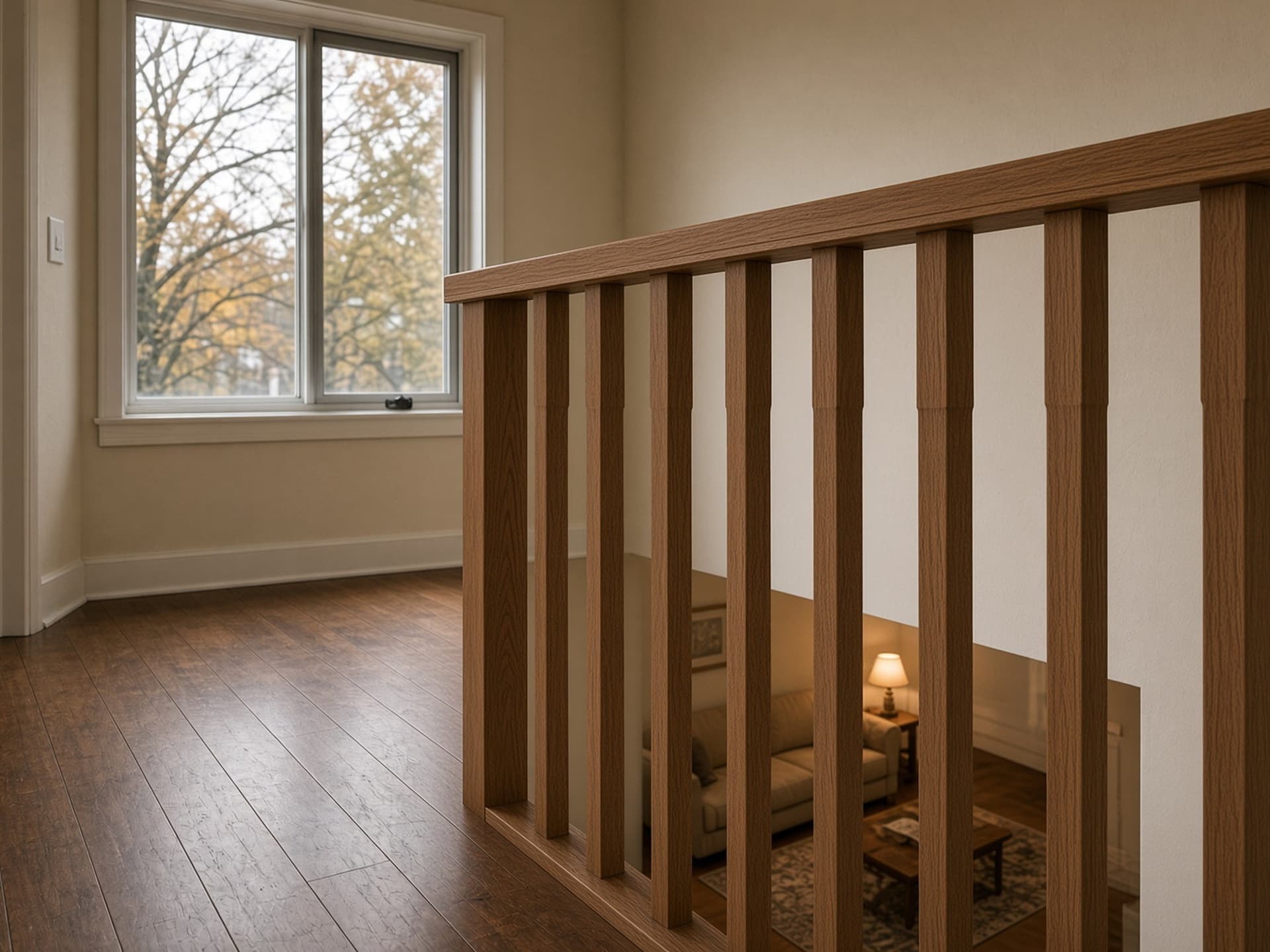 An open-to-below landing with a low flat-top wooden railing and wide-spaced spindles.