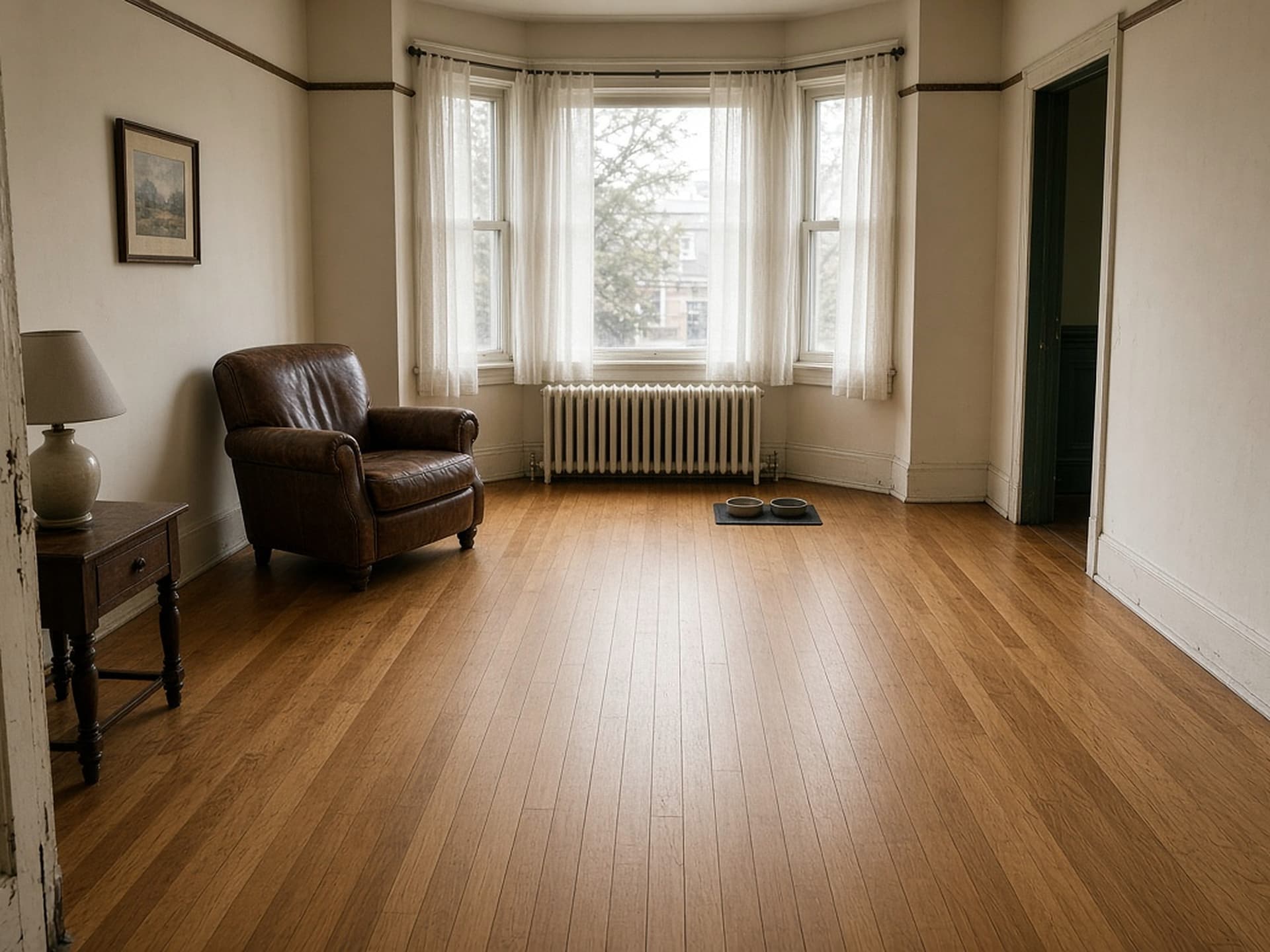 The same room after sanding and refinishing, the oak grain legible under a warm matte finish.