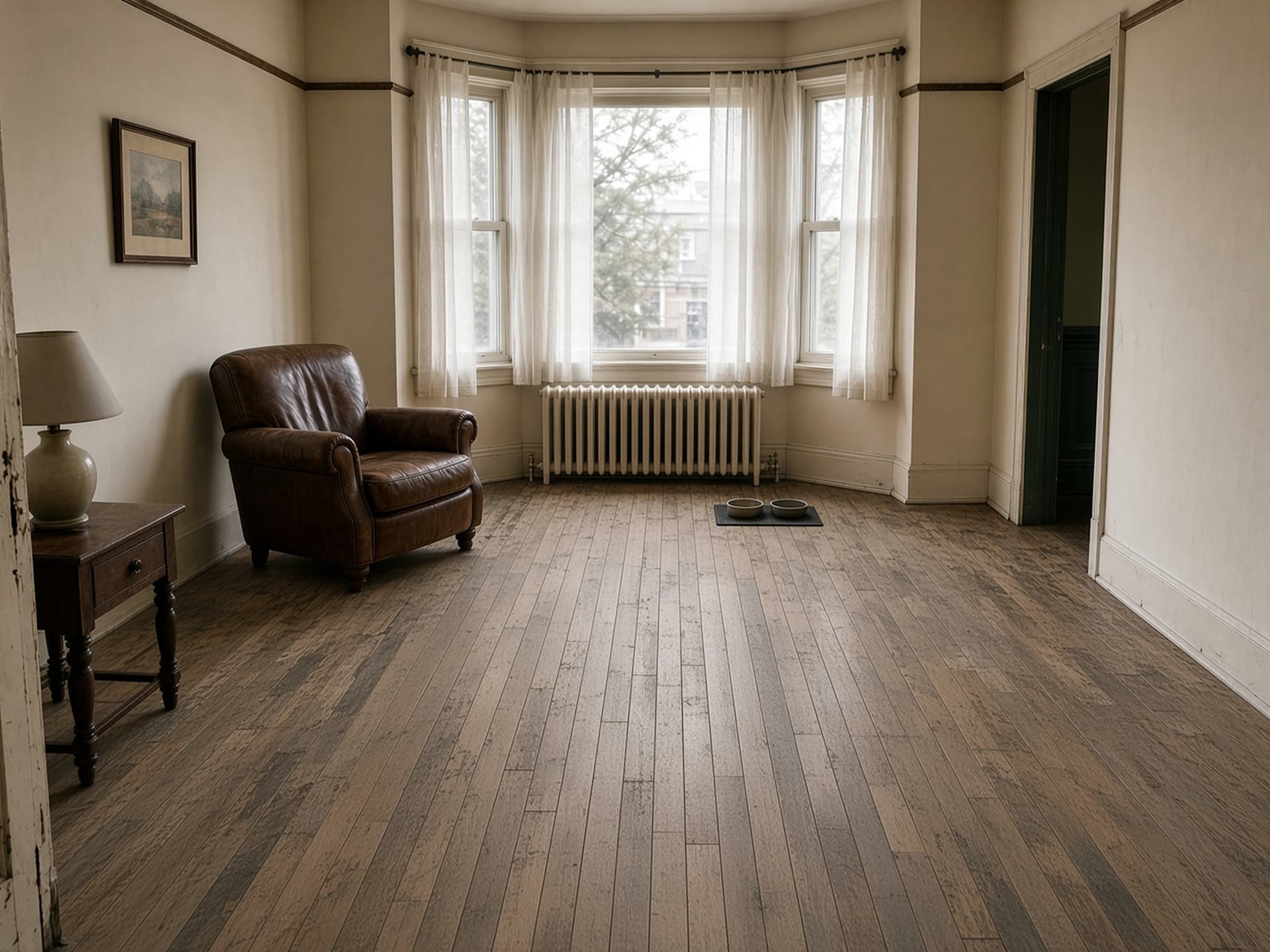 A bay-window living room with red oak boards dulled grey, finish worn through along the traffic lane to the hall.