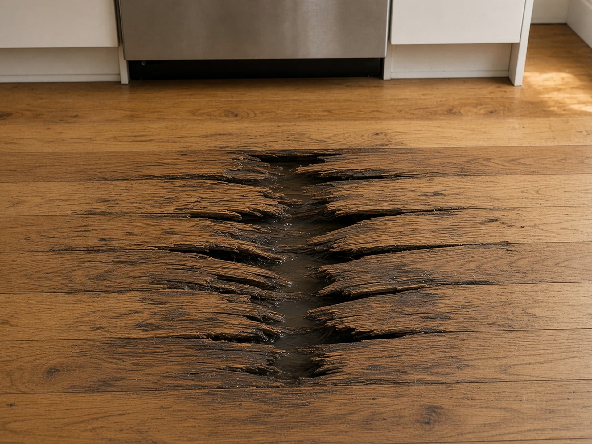 Red oak flooring by a kitchen toe-kick, cupped and blackened across a patch about a metre wide.
