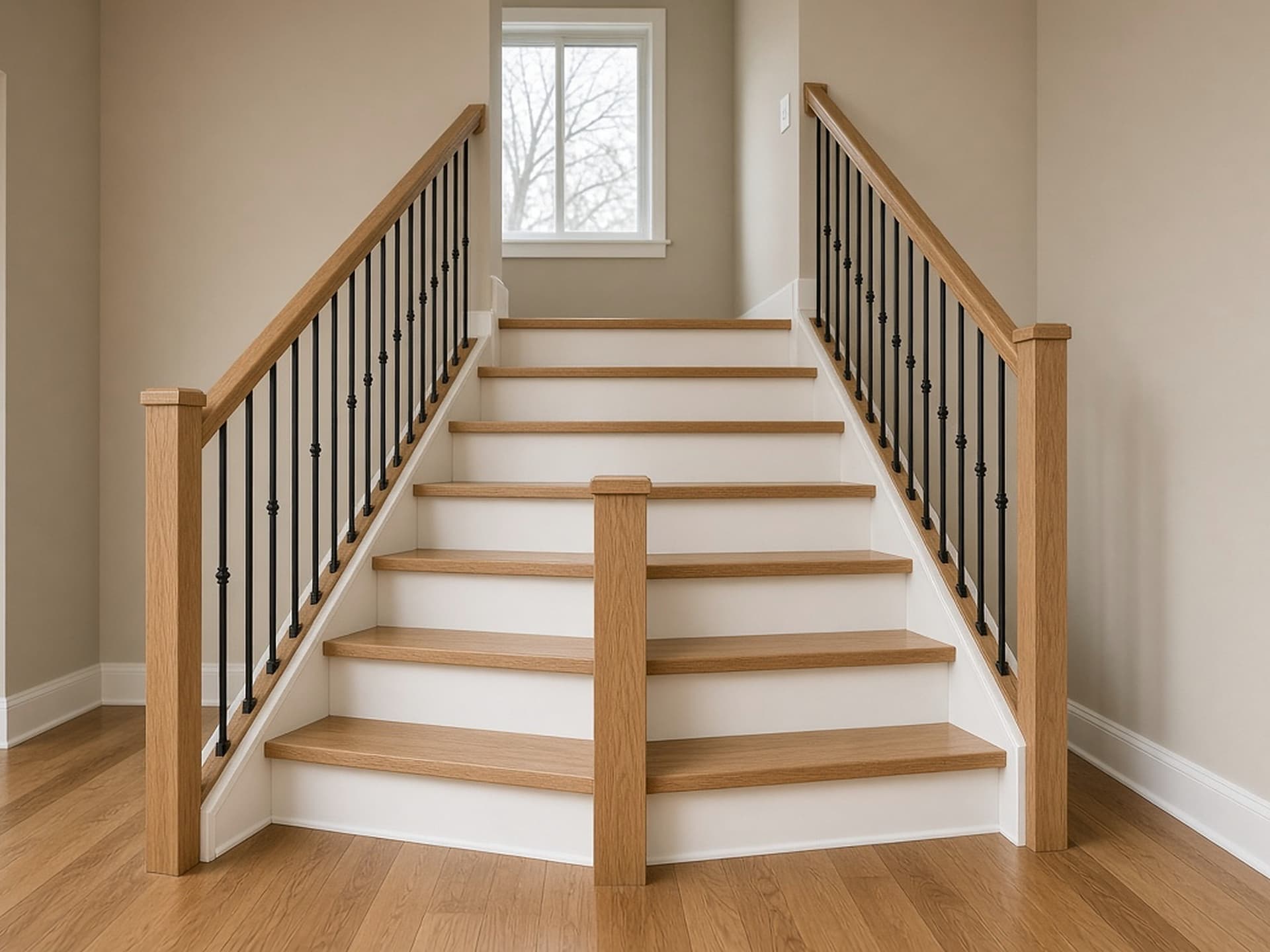 The same flight in solid white oak treads with painted risers and slim iron balusters.