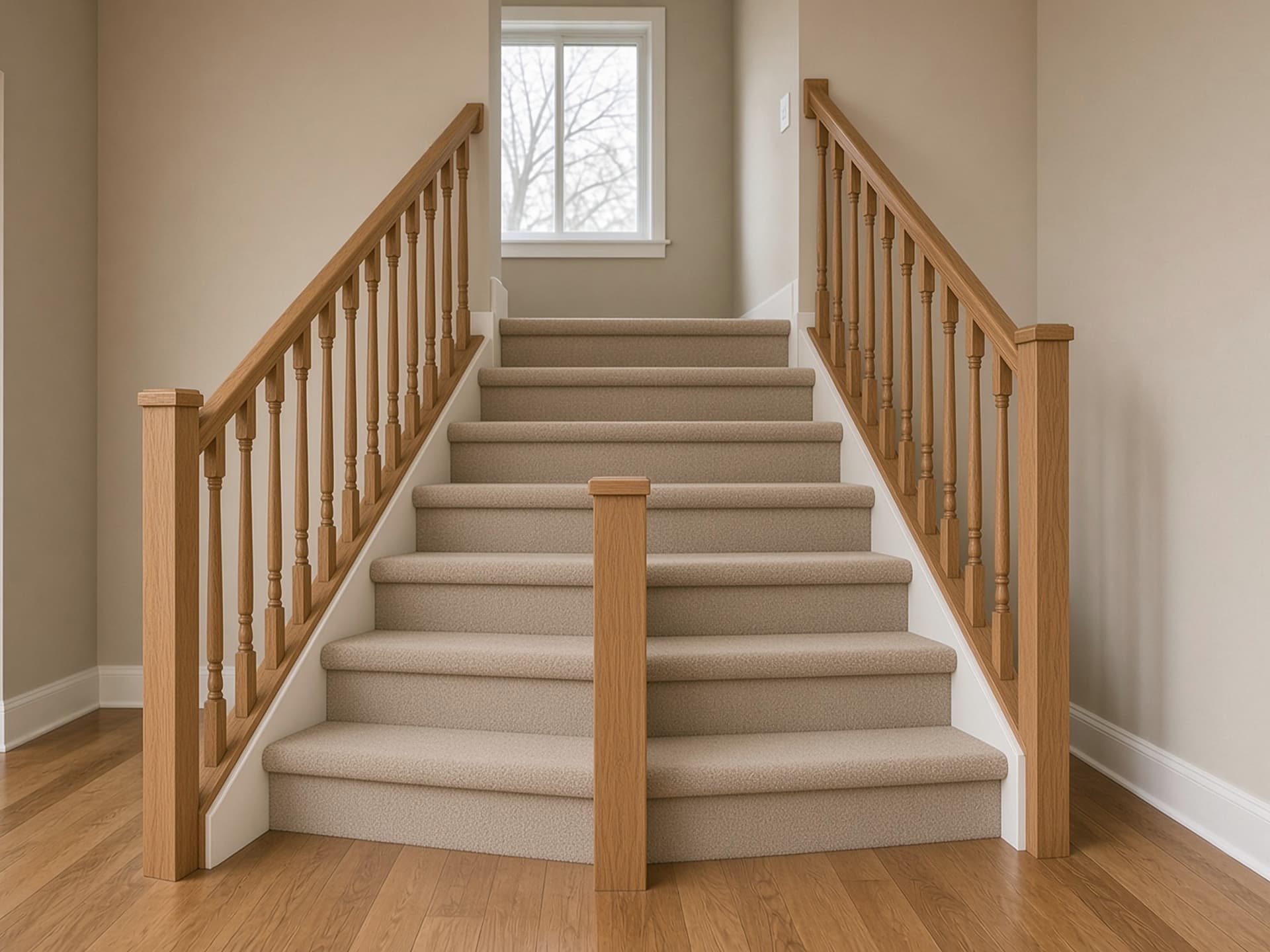 A straight interior flight covered in worn builder-grade carpet with a dated oak-veneer handrail.