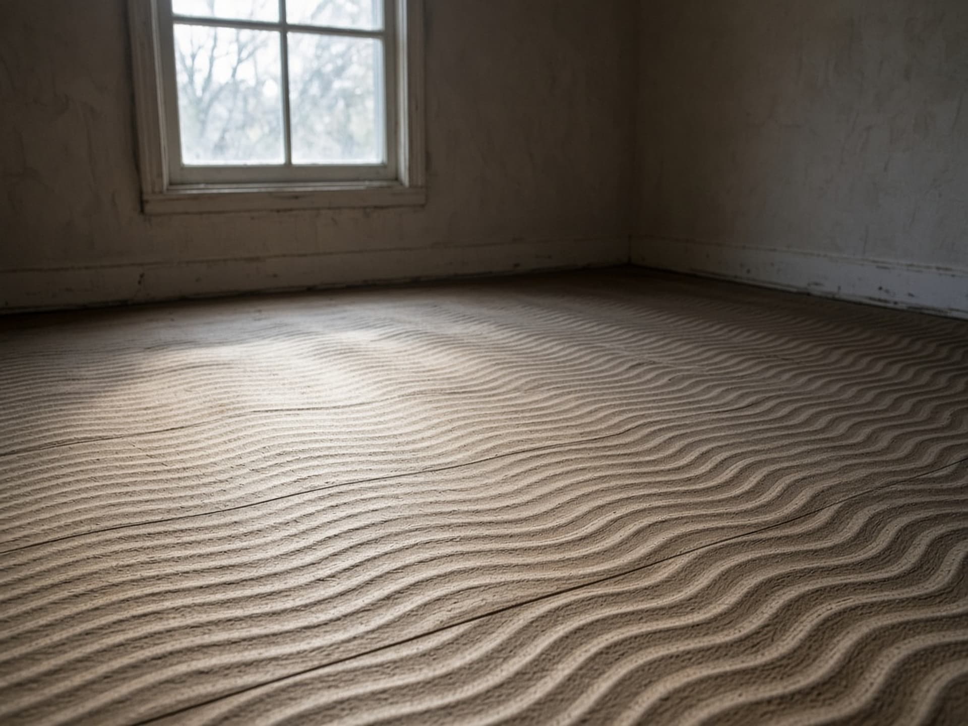 Regular parallel ripple across a sanded floor, thrown into relief by low light from a window. Exaggerated here so it reads at this size; on a real floor it is subtle until you get your eye down to it.