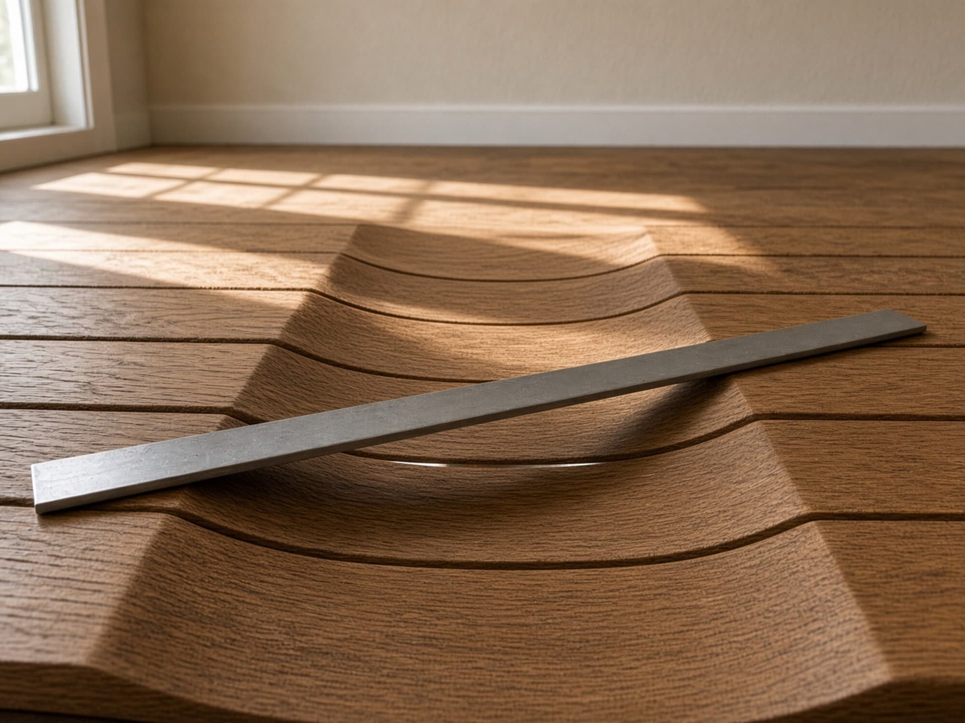 Solid boards visibly cupped — edges standing higher than centres — with a straightedge laid across them showing the gap. This is what a floor laid over a subfloor that was never measured does in month four.