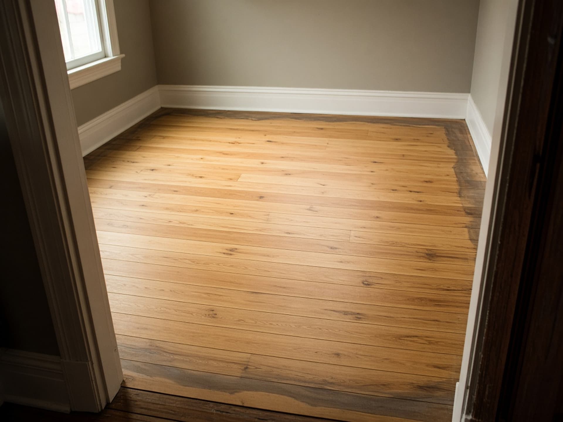 A refinished room seen from the doorway with a visibly darker, cloudier band running around the perimeter against the baseboard — the edging failure, and the first thing visible from a hall.