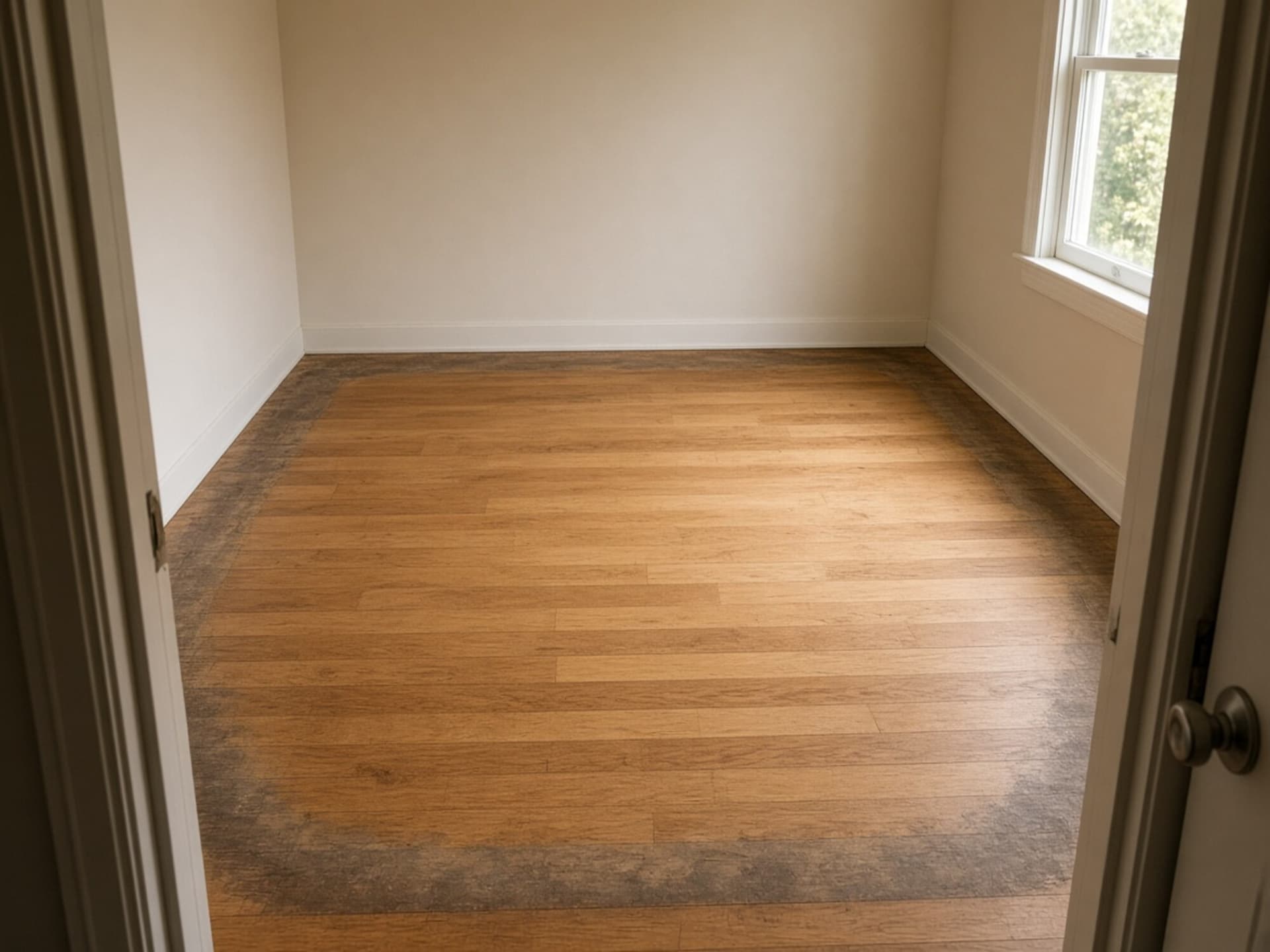 A refinished room seen from the doorway with a visibly darker, cloudier band running around the perimeter against the baseboard — the edging failure, and the first thing visible from a hall.