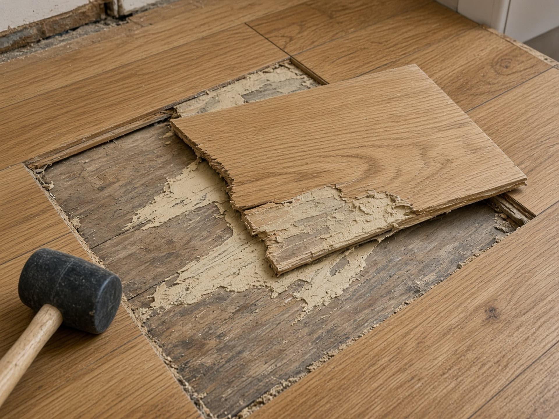 A lifted board over a patchy adhesive bed, bare subfloor showing through the gaps. The floor above this sounds hollow underfoot and eventually releases.