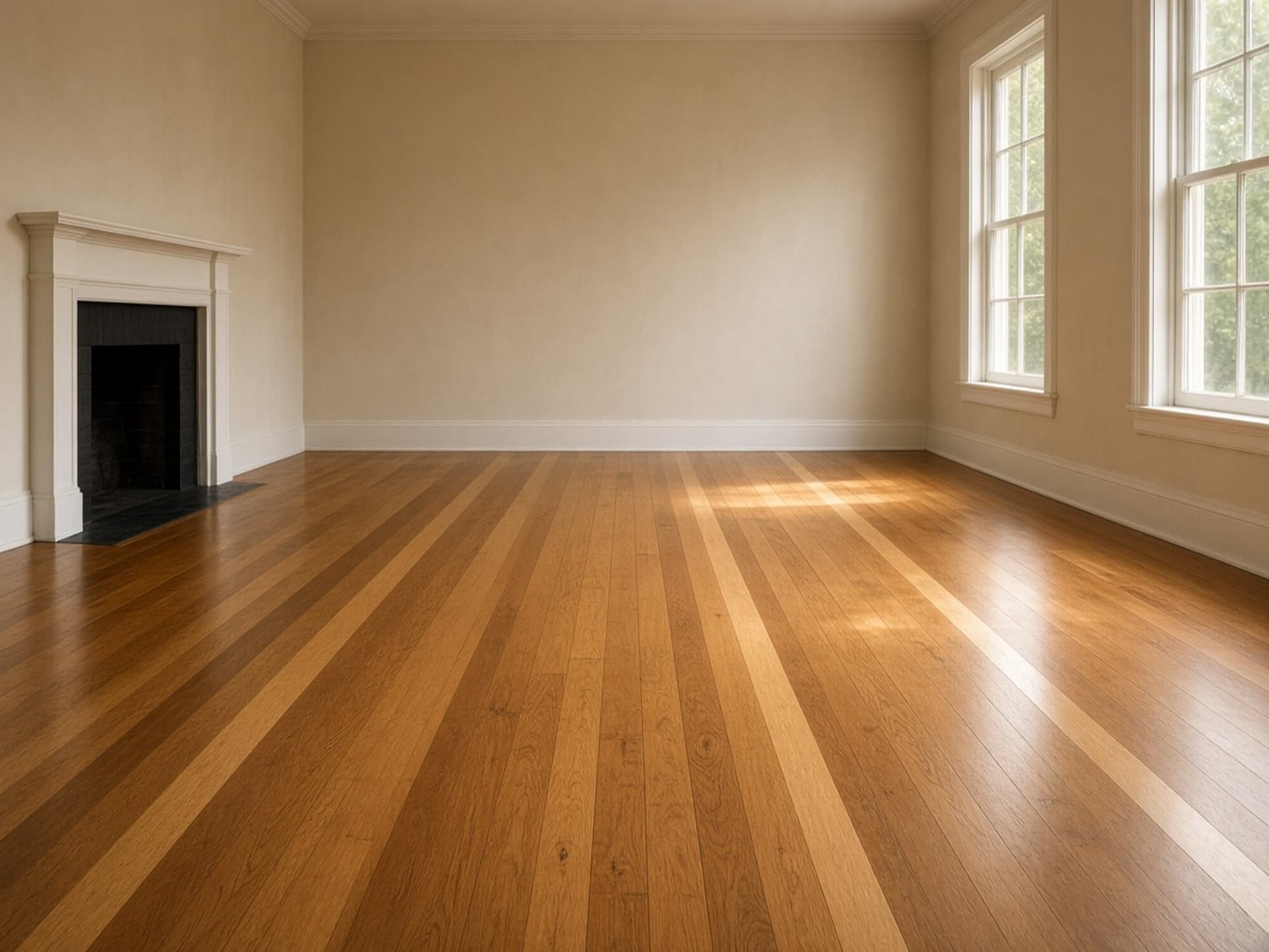 Streaks and stripe boundaries in the sheen of a finished floor, where one pass dried before the next was joined to it.