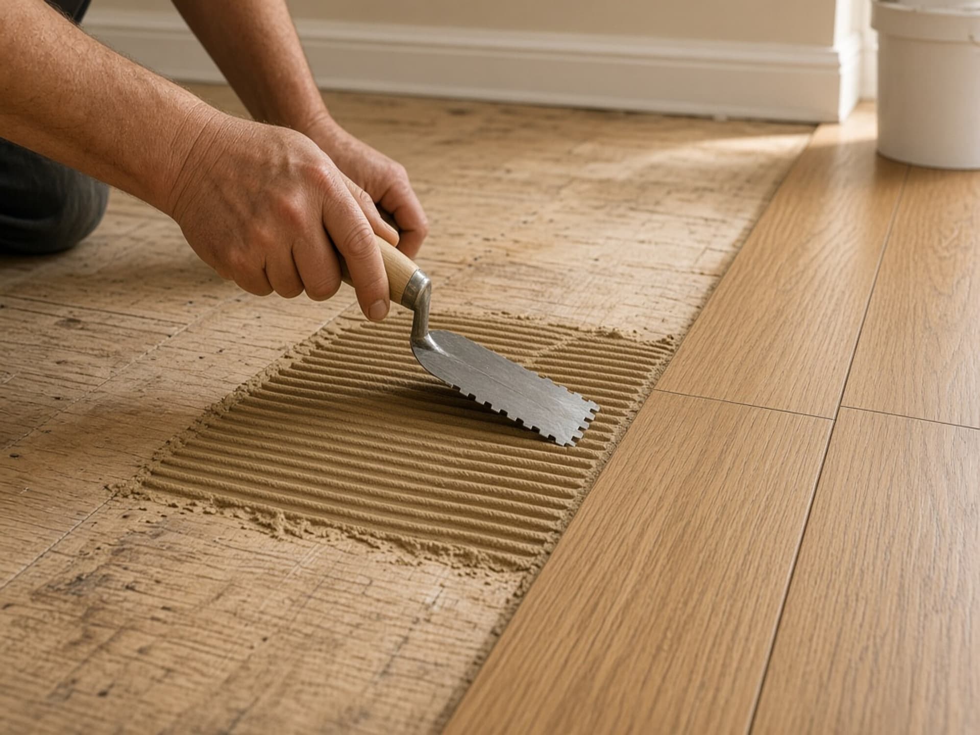 A notched trowel drawing a fresh bed of adhesive across a subfloor, ridges sharp and evenly spaced, with engineered boards already set into the wet bed at the edge of frame.