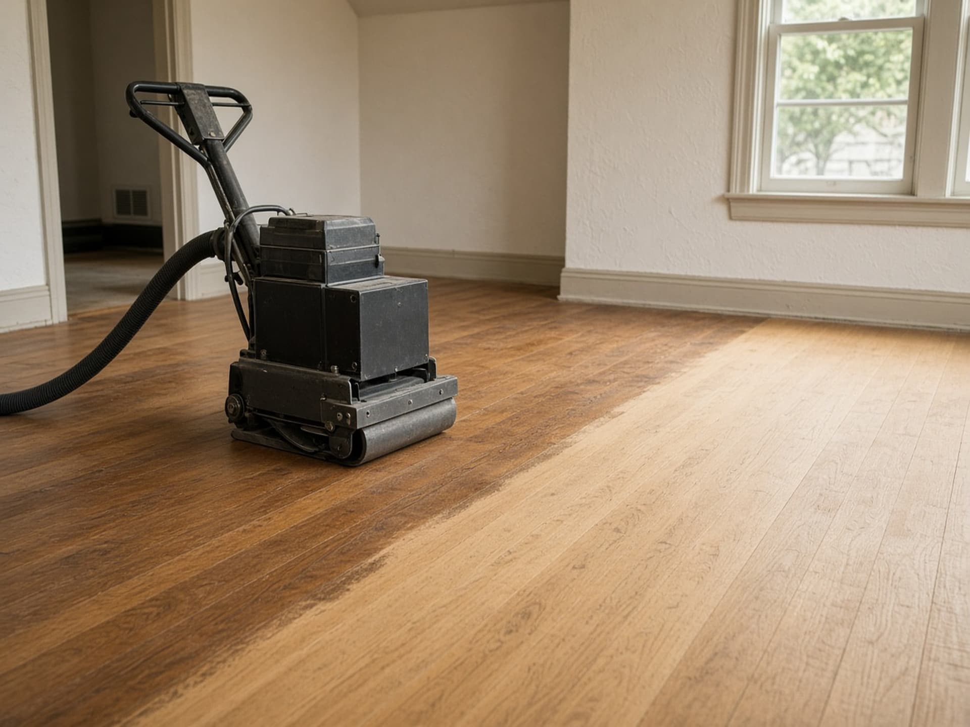 A walk-behind belt floor sander mid-pass in an empty room, with the boundary between raw sanded oak and old finish running across the floor and the dust hose trailing off-frame.