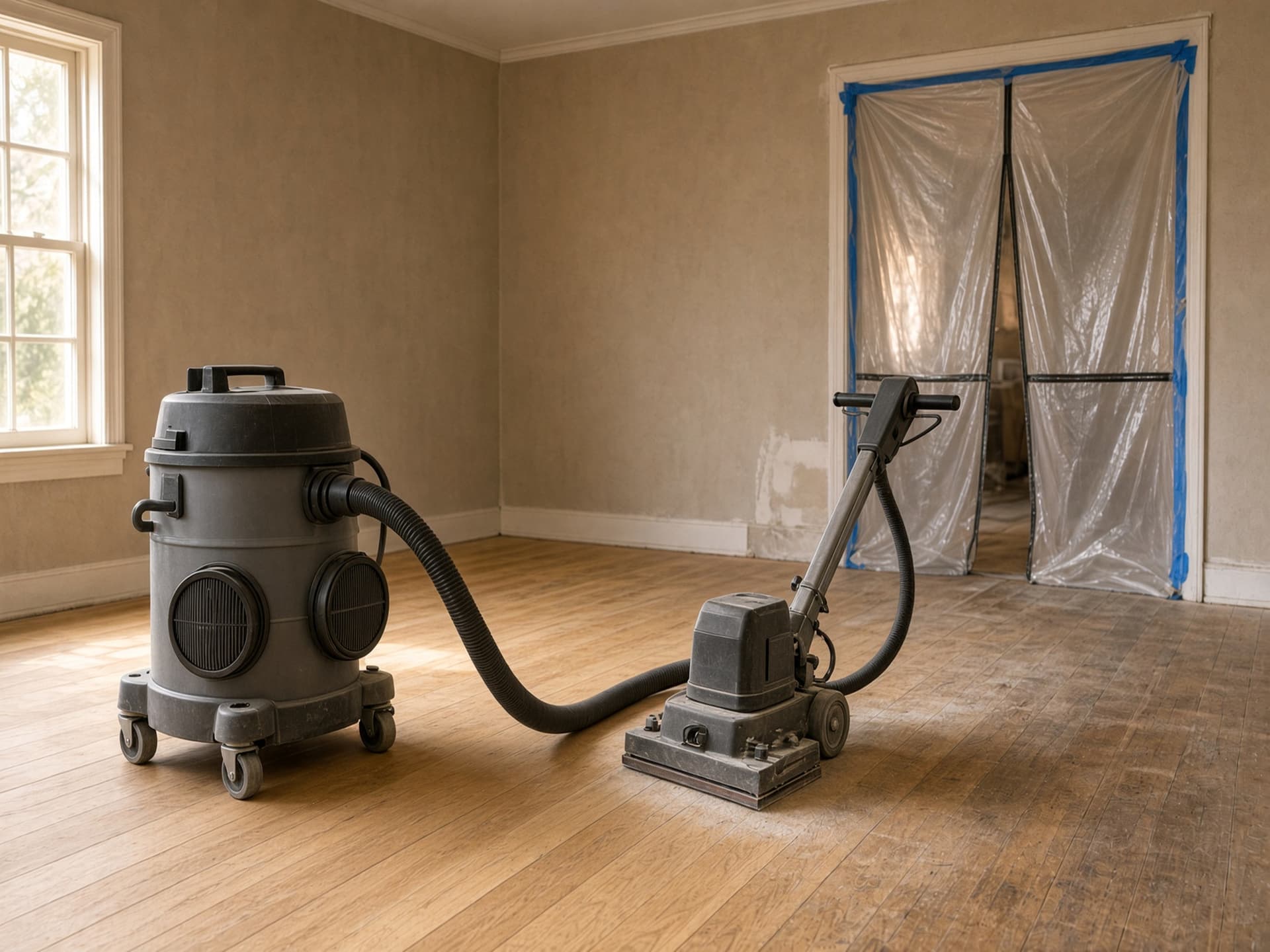 A HEPA extractor with its hose connected to a floor machine, and a taped plastic barrier sealing the doorway behind it.