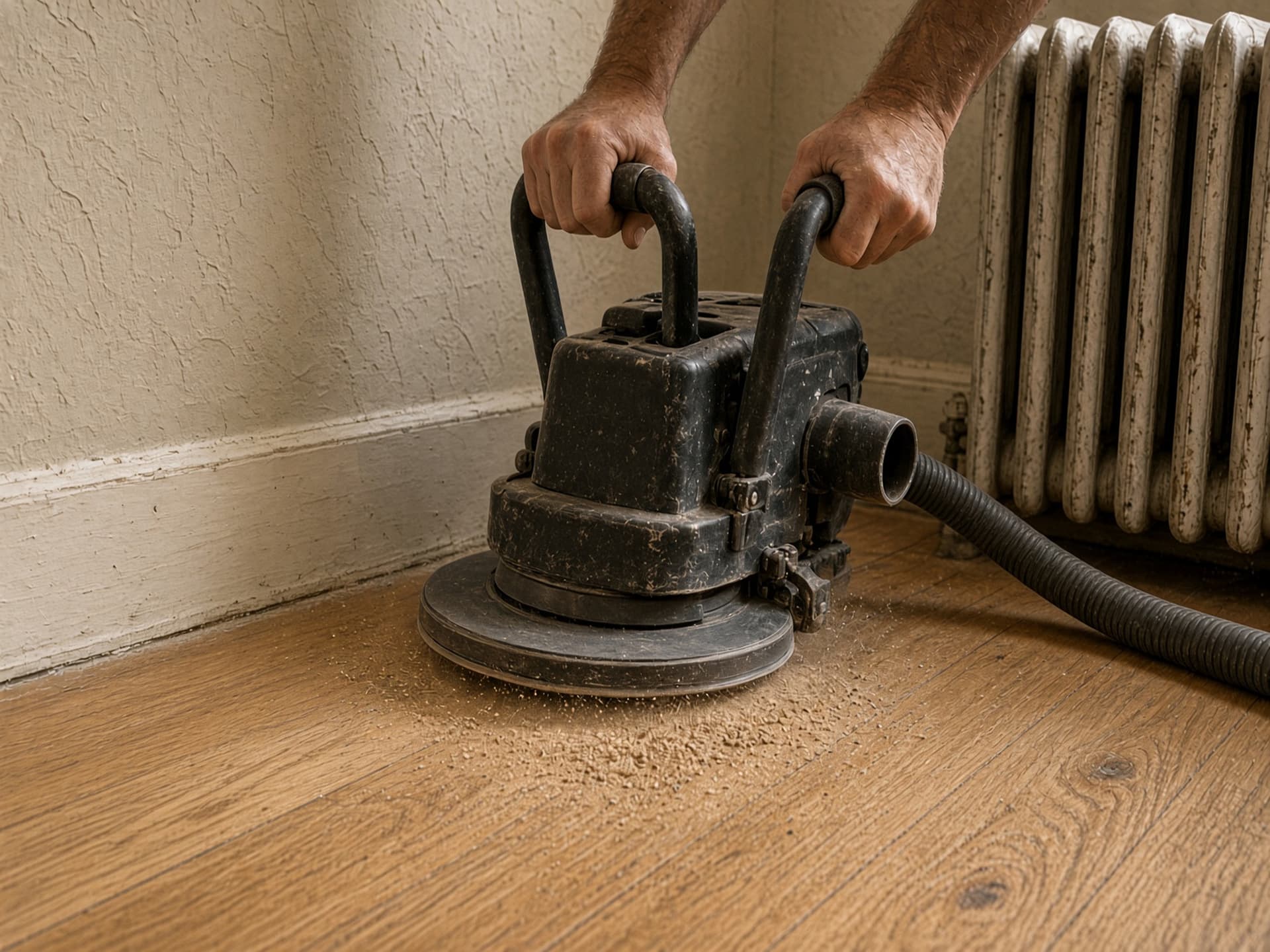 A hand-held rotary edge sander worked hard against a baseboard beside a cast-iron radiator, in the band of floor the big machine physically cannot reach.