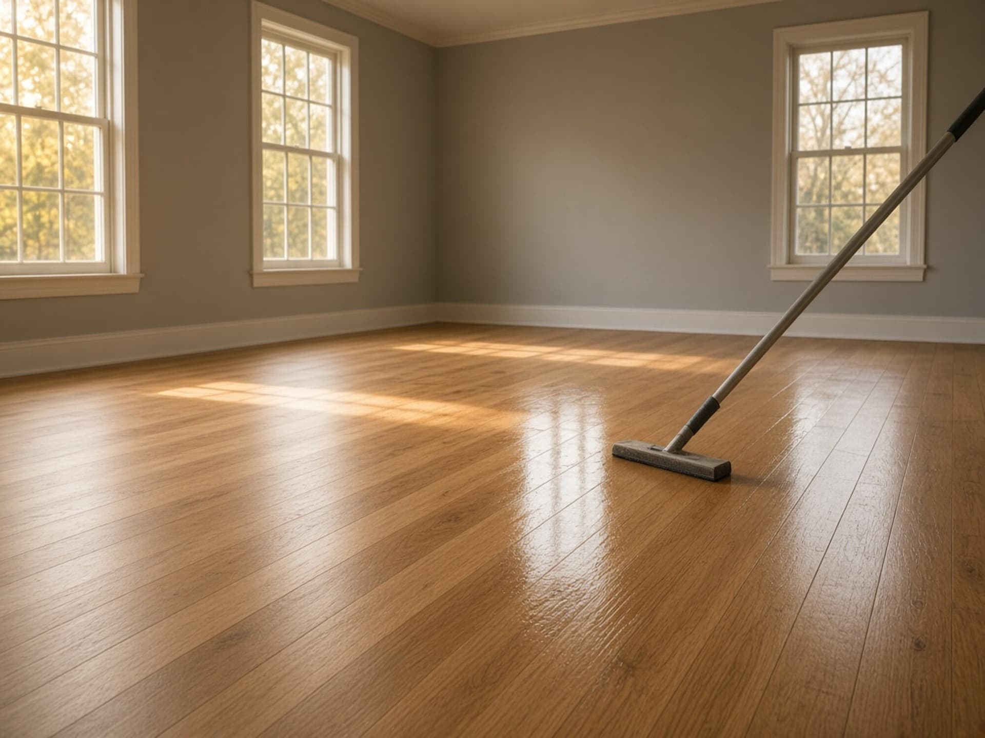 A T-bar applicator pulling a coat of waterborne finish across a sanded oak floor, the wet edge crossing the frame as a sheen boundary.