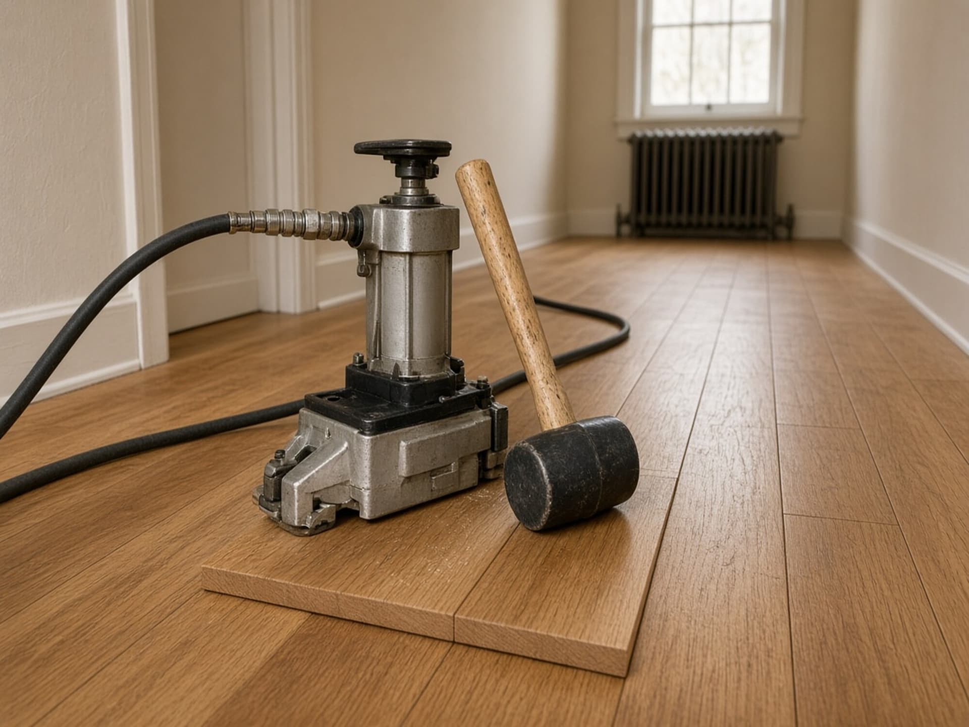 A pneumatic flooring cleat nailer set on the tongue of an oak board mid-row, mallet beside it, several racked rows already fastened behind.