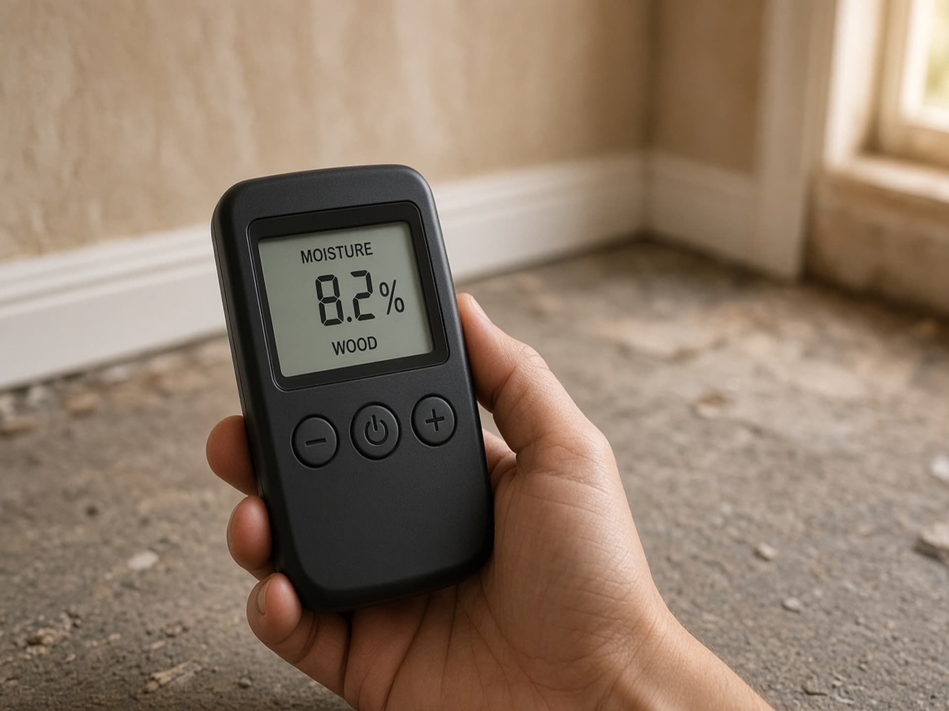 A hand-held wood moisture meter held against a plywood subfloor, screen legible at just over nine percent, with racked boards waiting behind it.