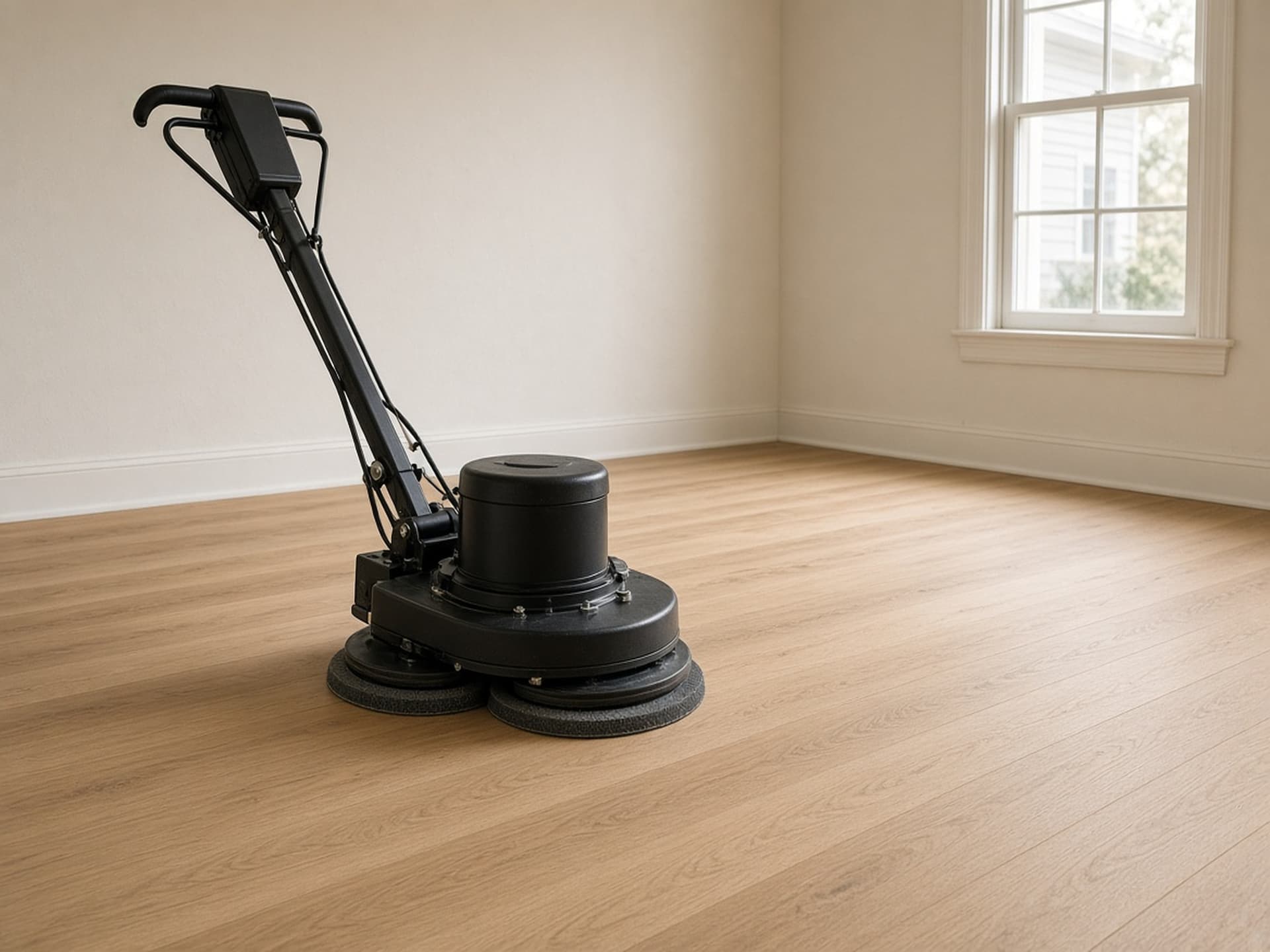 A multi-disc floor buffer with an abrasive pad fitted, standing on a uniformly matte sanded floor in daylight from a bank of windows.