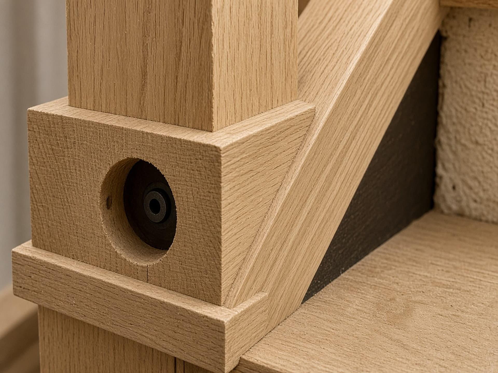 The base of an oak newel post meeting a stair stringer, with the counterbored bolt visible before the wood plug goes in — the structural fixing, shown once.