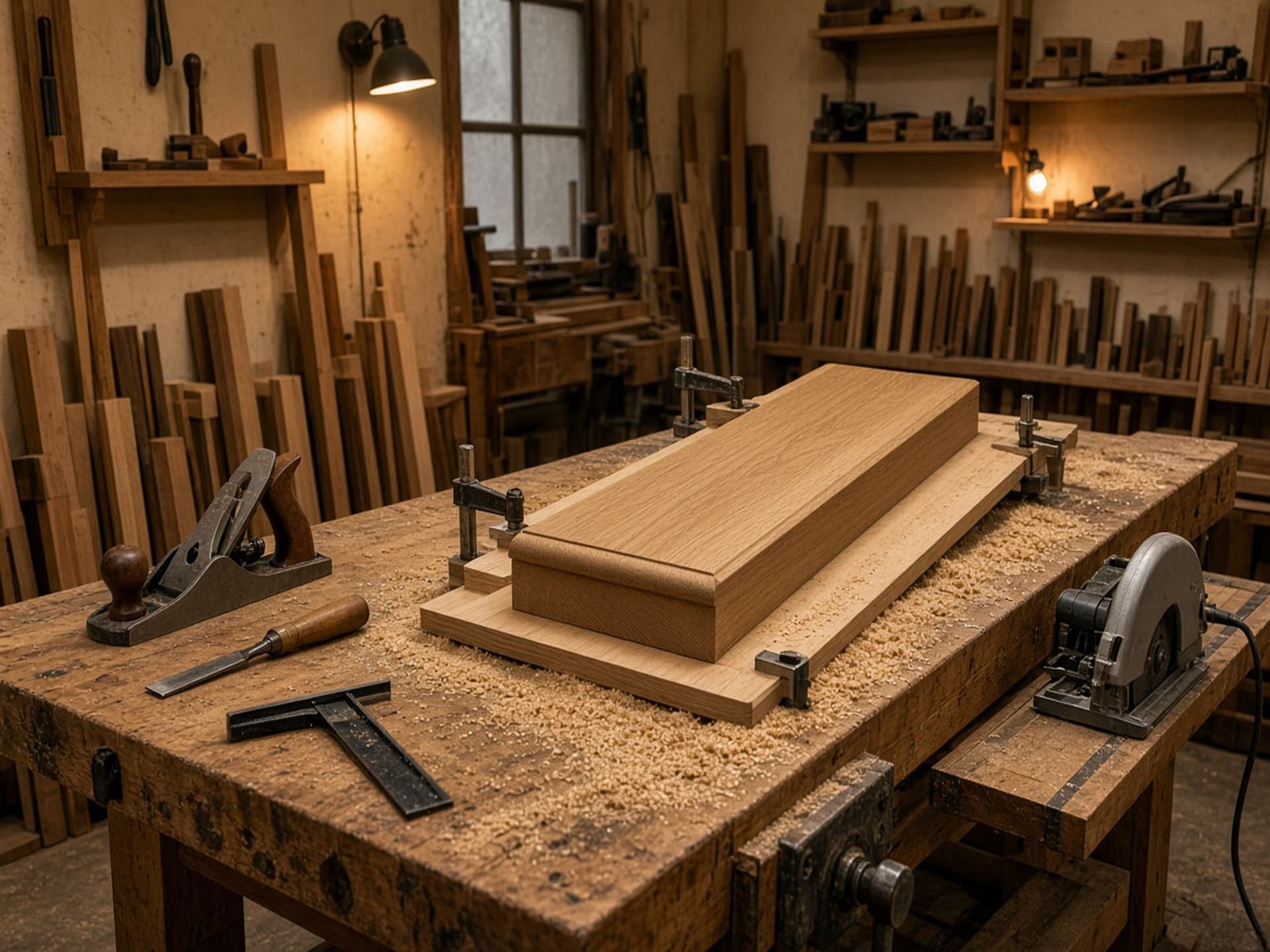 An oak stair tread clamped in a jig on a workshop bench, hand tools and a track saw beside it, sawdust on the bench top.