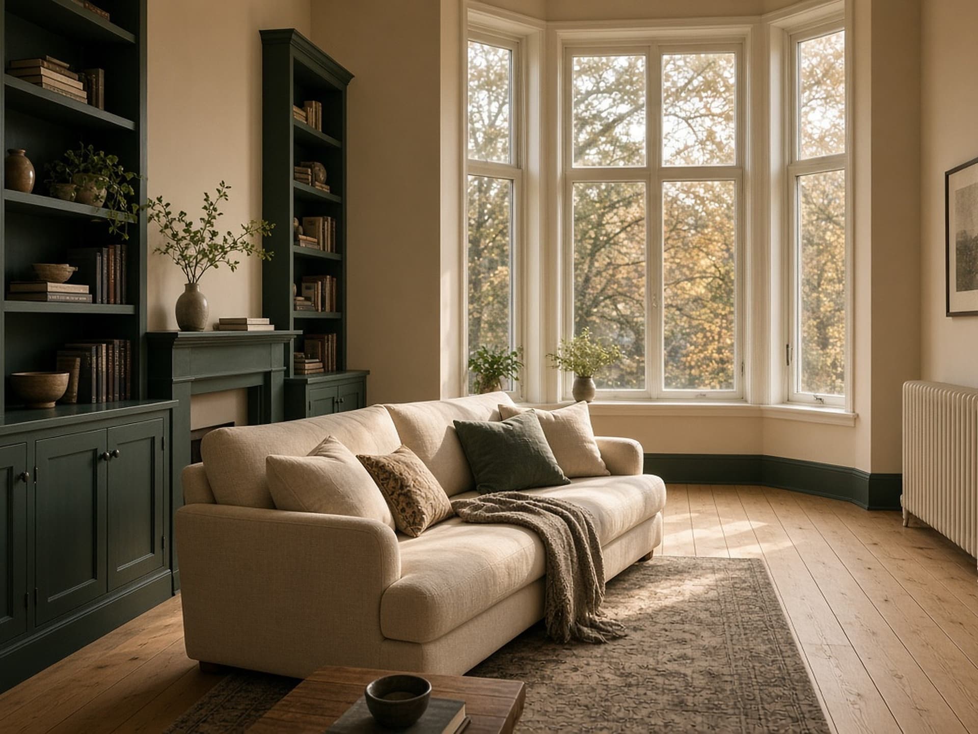 Wide-plank white oak hardwood floors in a sunlit living room with forest-green millwork.