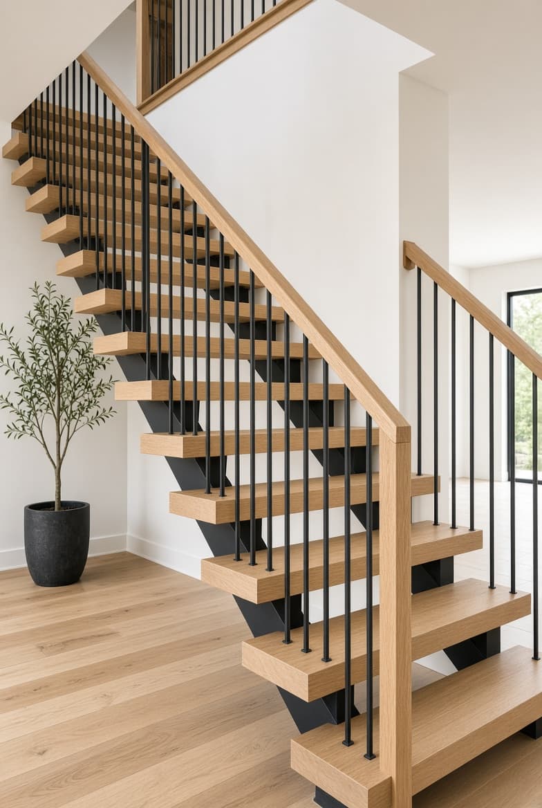 Open-riser white oak staircase with steel stringer and oak handrail.