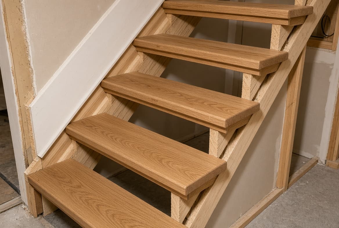 Solid oak treads dry-fit on an exposed stair stringer after carpet removal.