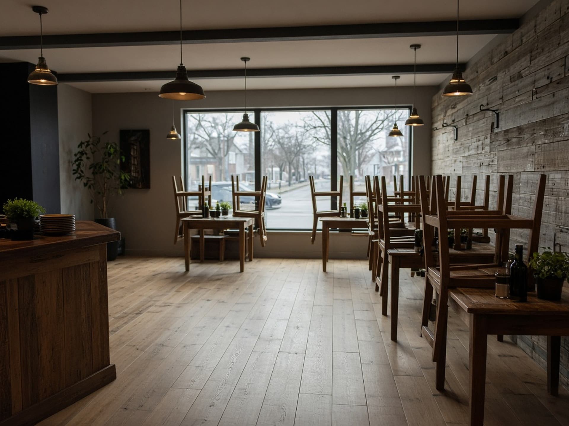 Restaurant interior with wide-plank ash hardwood floors and a reclaimed barn-board feature wall.