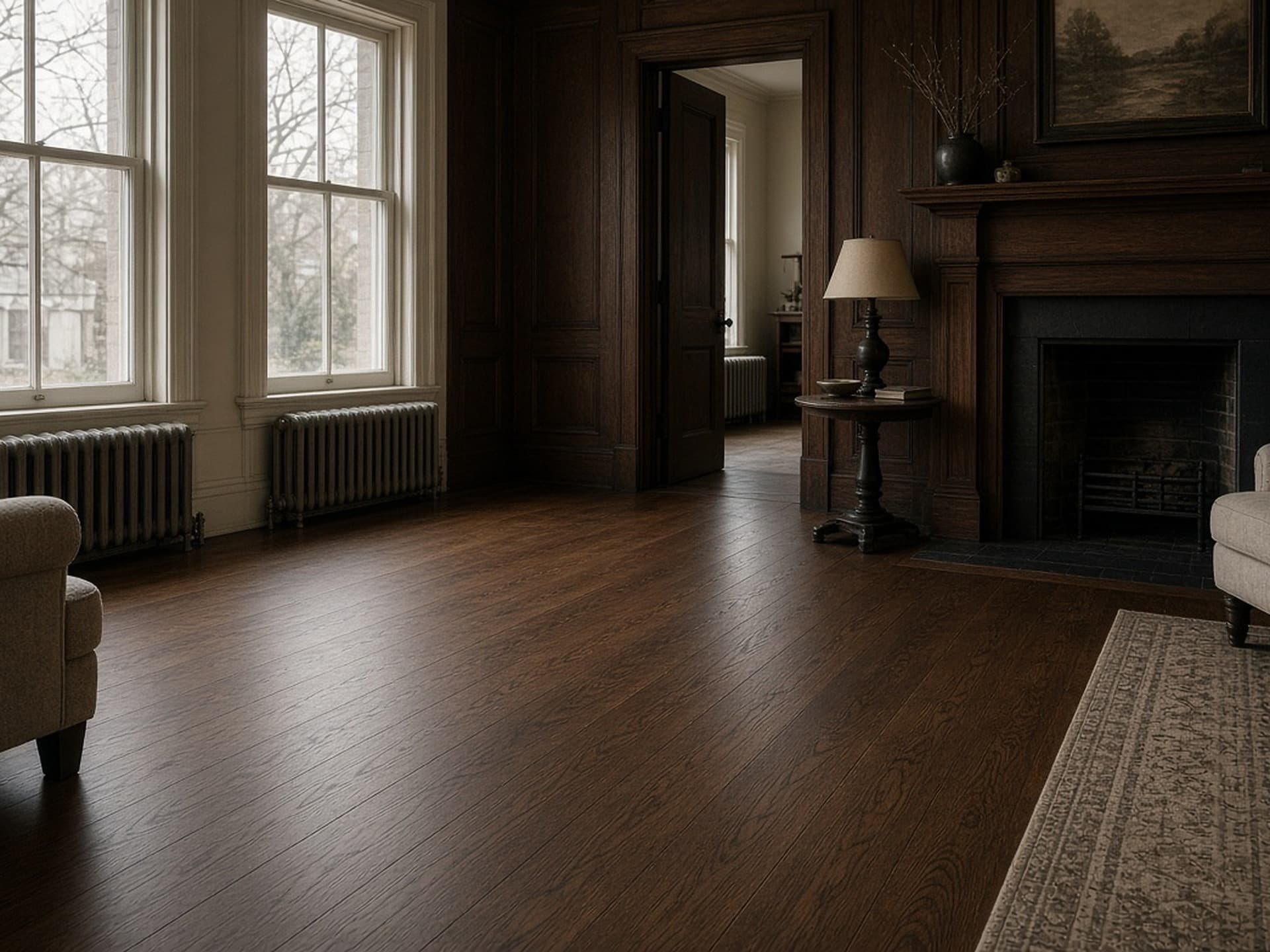 Restored quarter-sawn white oak floors in a 1920s Forest Hill home with original millwork.