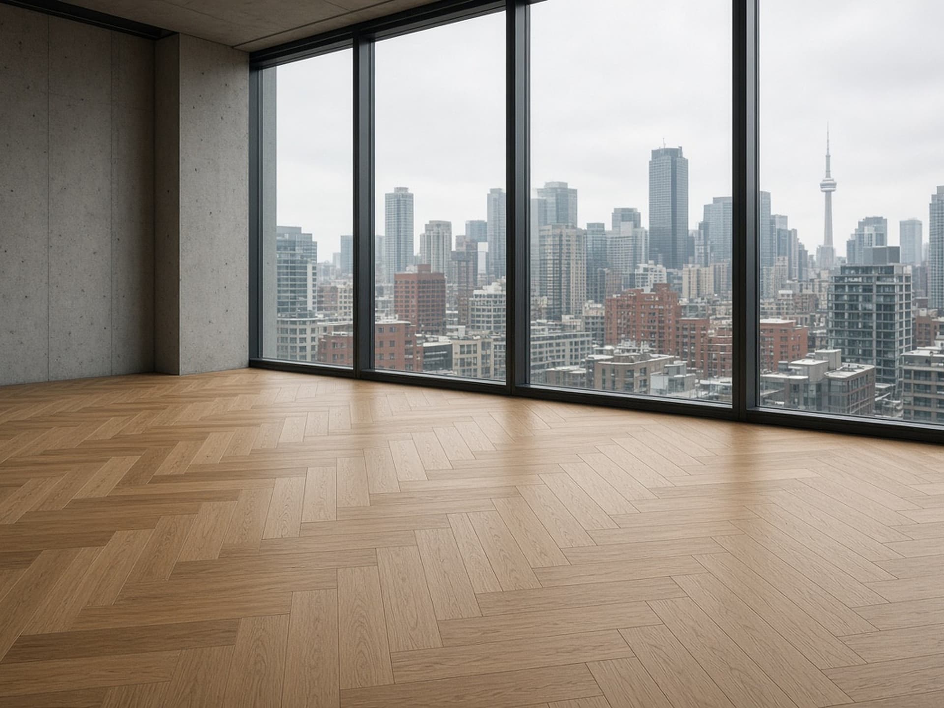 European oak herringbone hardwood floor in a King West penthouse with city views.