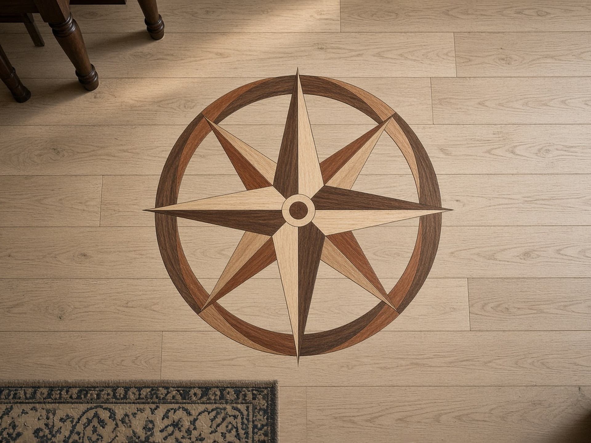 Hand-cut compass rose medallion in walnut, maple, and cherry set into a dining-room hardwood floor.
