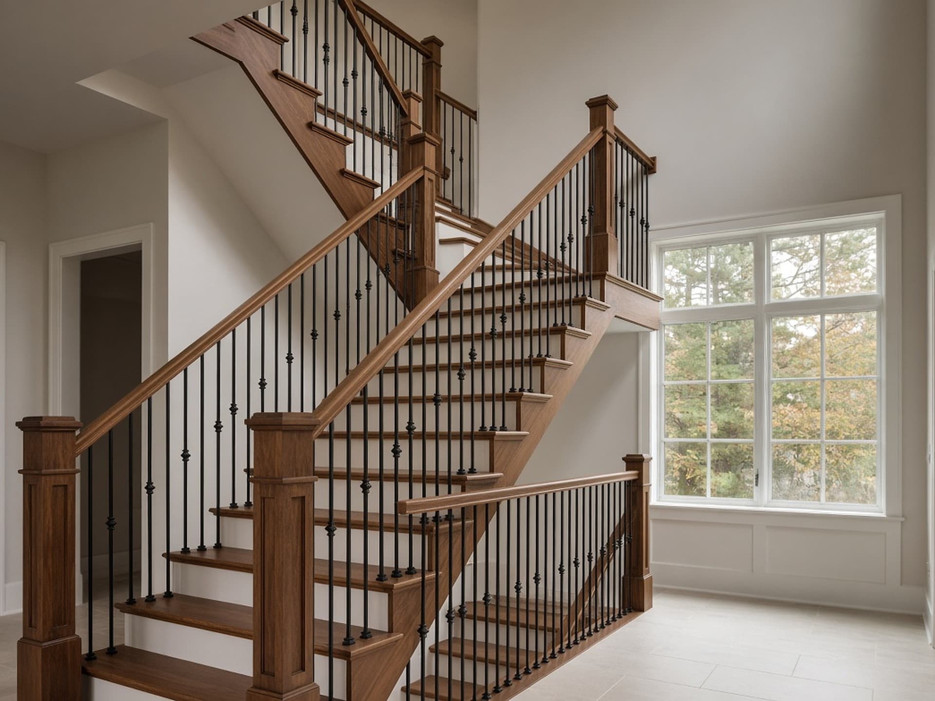 Three-storey custom walnut staircase with iron balusters in an Oakville estate foyer.