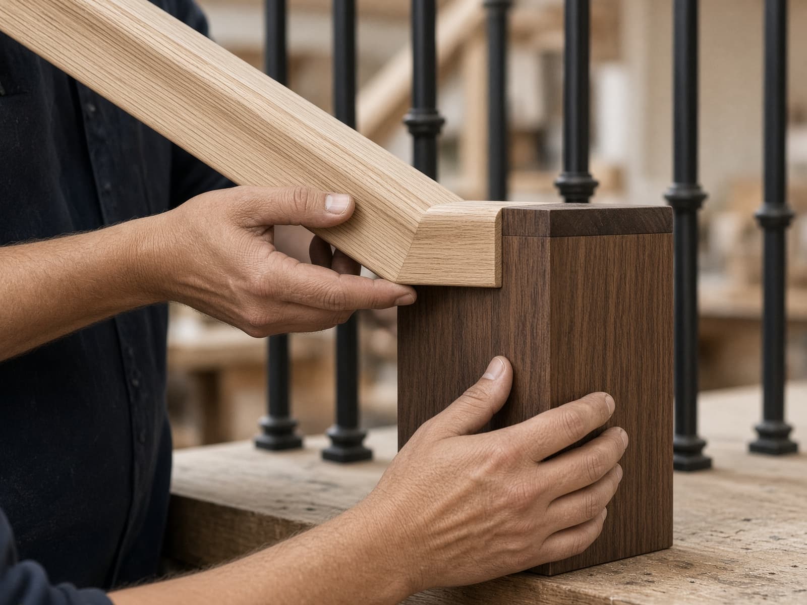 Close-up of a hardwood handrail joining a newel post.