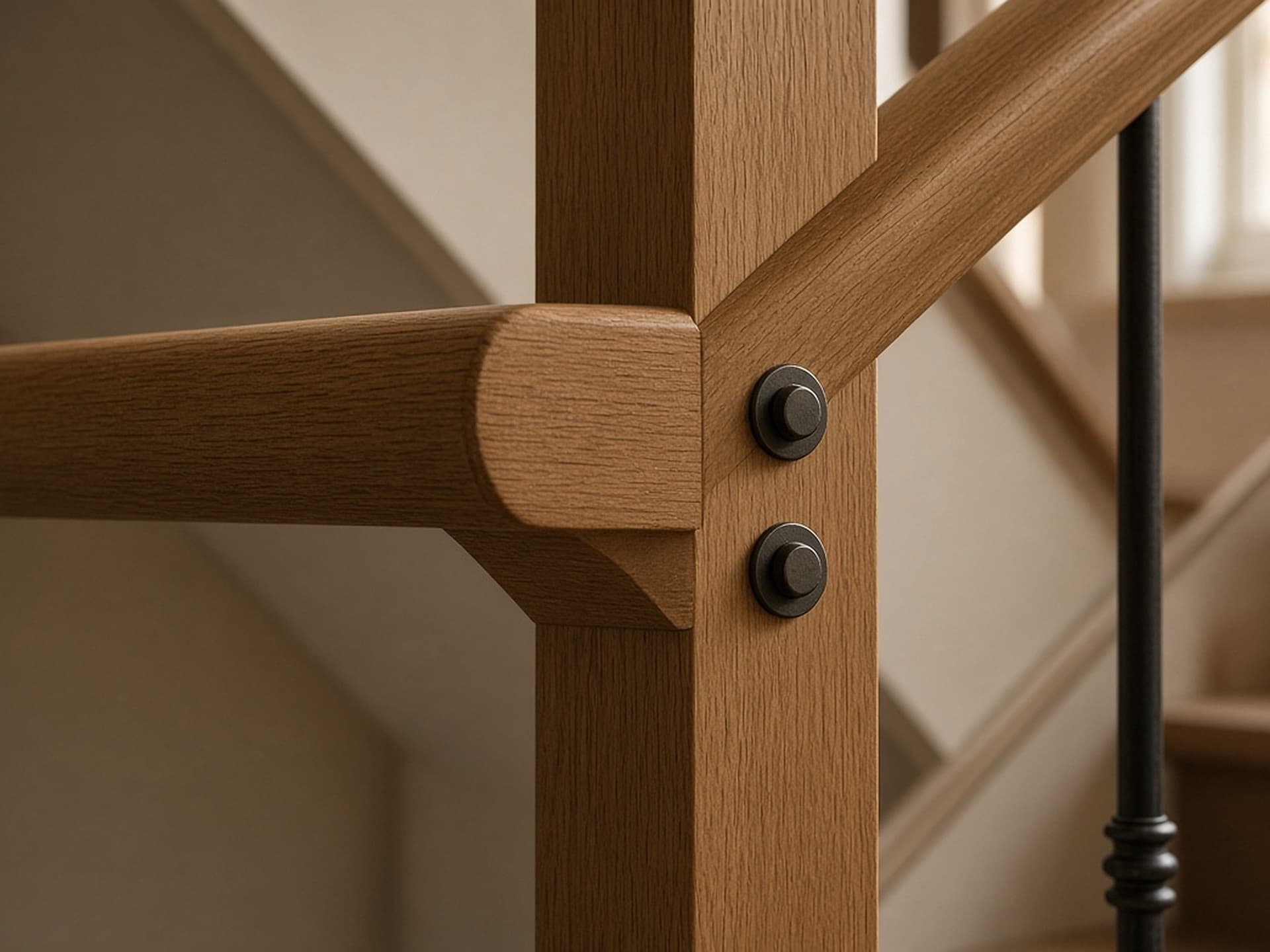 Close-up of a craftsman checking an oil-finished white oak handrail join at a newel post.