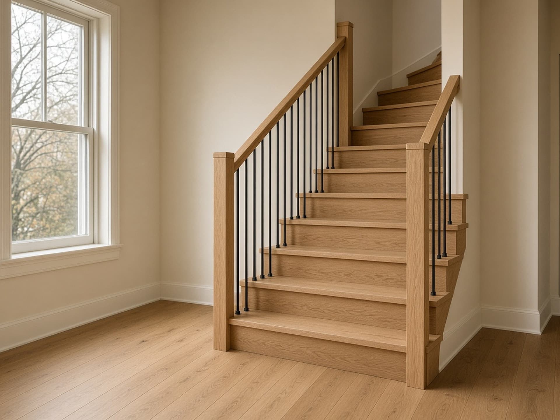 Custom walnut and white oak staircase with black metal balusters and a sculpted oak handrail in a contemporary GTA home.