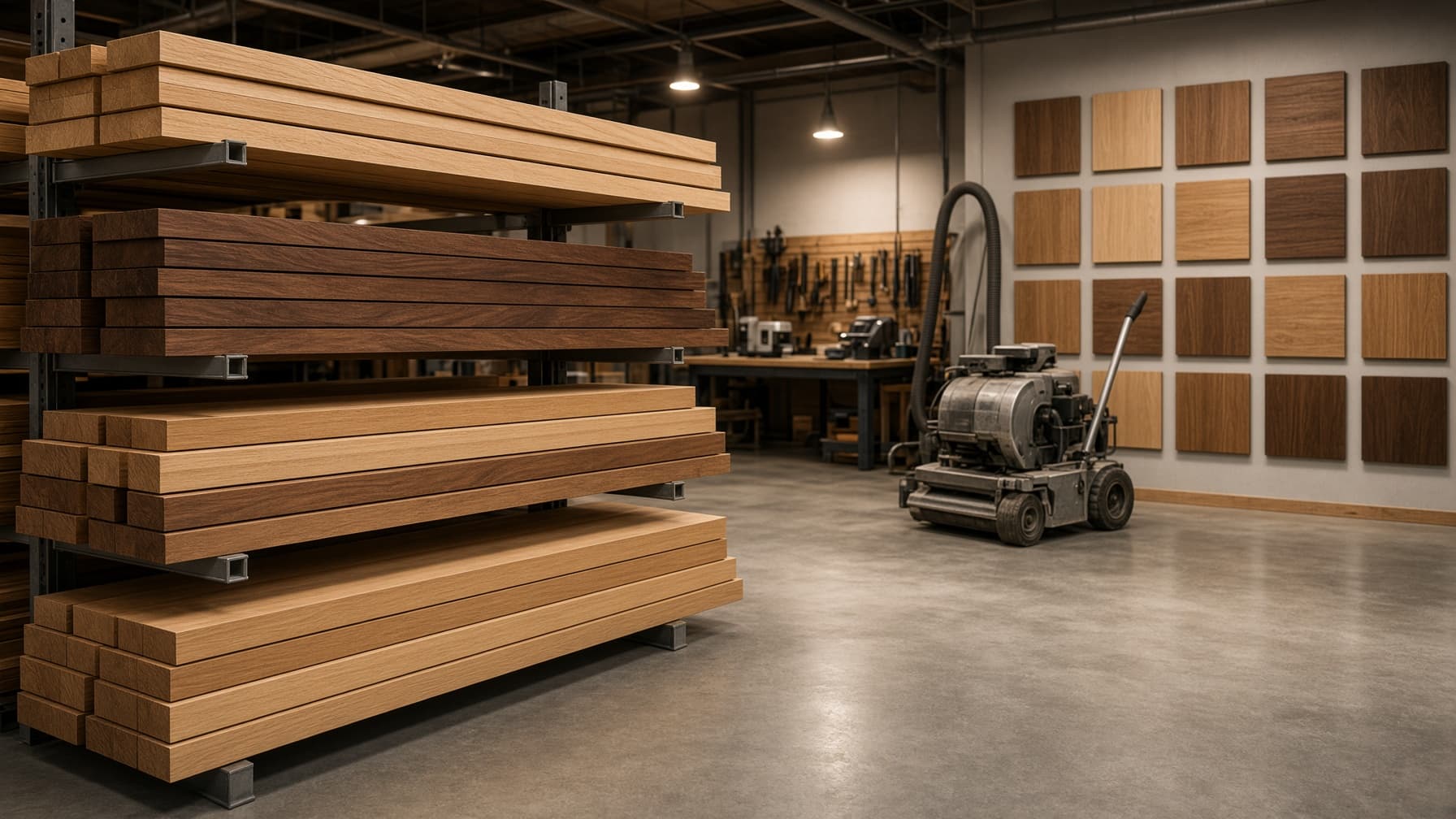 Green Hardwood workshop with species racks, stain sample boards, and professional sanding equipment.