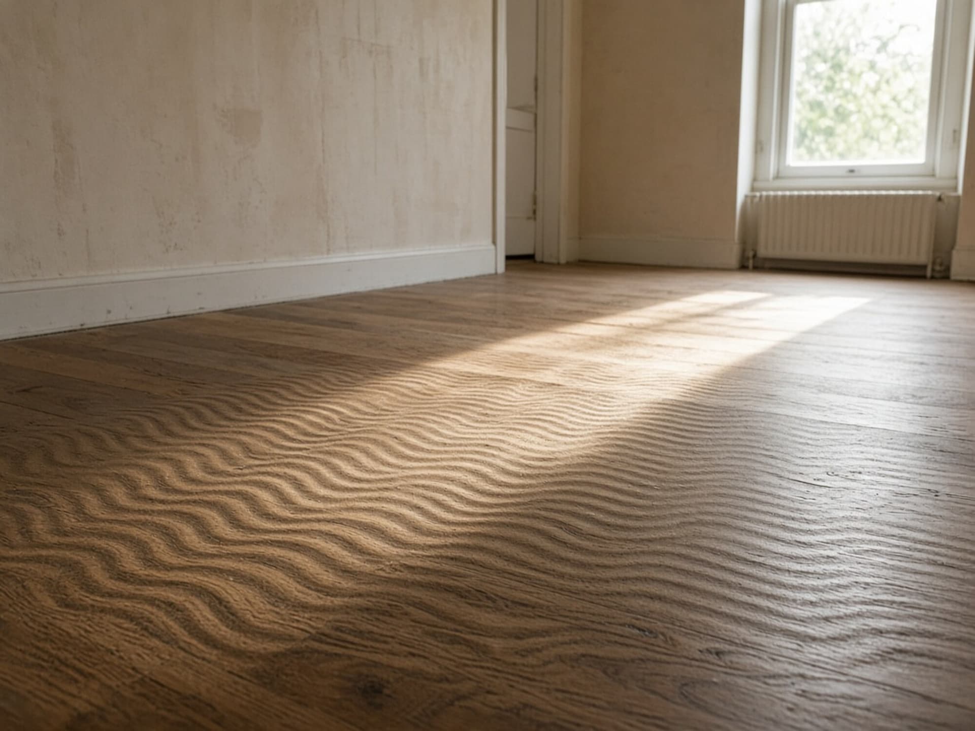 Regular parallel ripple across a sanded floor, thrown into relief by low light from a window. Exaggerated here so it reads at this size; on a real floor it is subtle until you get your eye down to it.