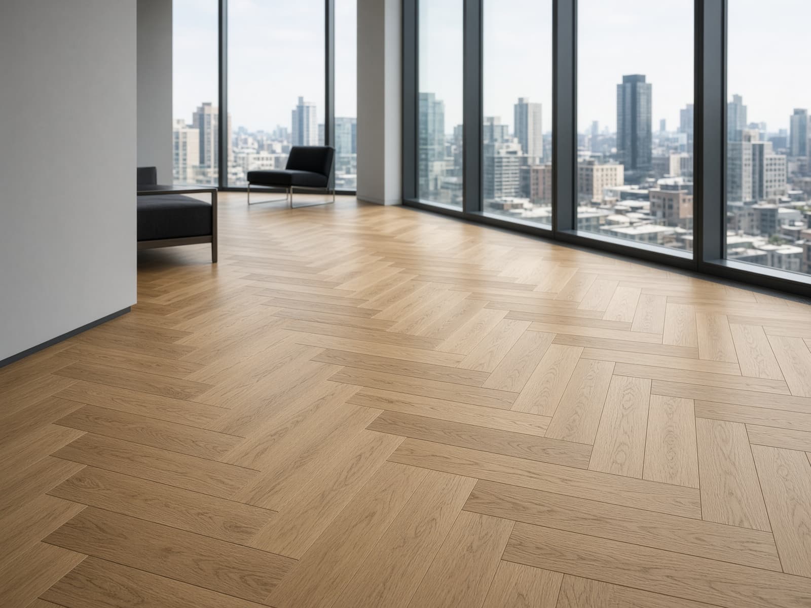 European oak herringbone hardwood floor in a King West penthouse with city views.