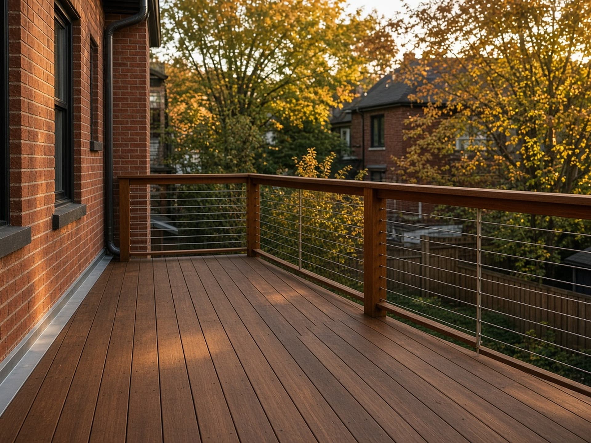 Golden-hour hardwood deck with cable railing and built-in benches in a landscaped Toronto backyard.