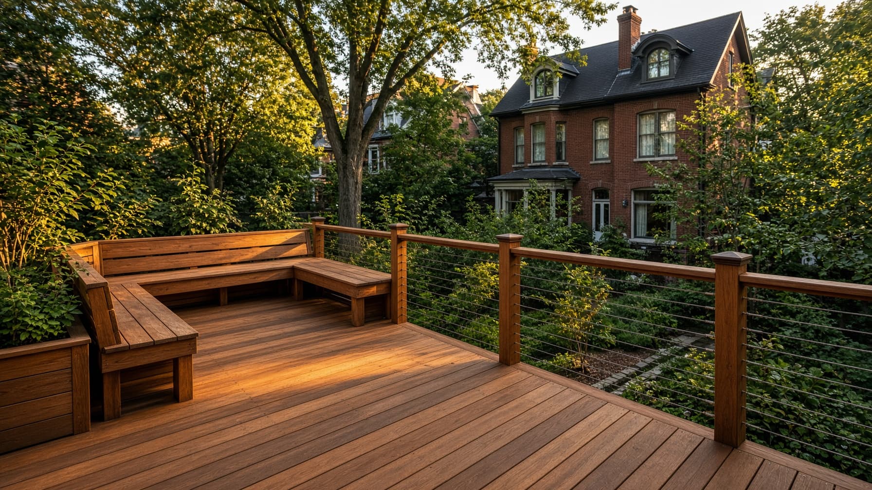 Golden-hour hardwood deck with cable railing and built-in benches in a landscaped Toronto backyard.