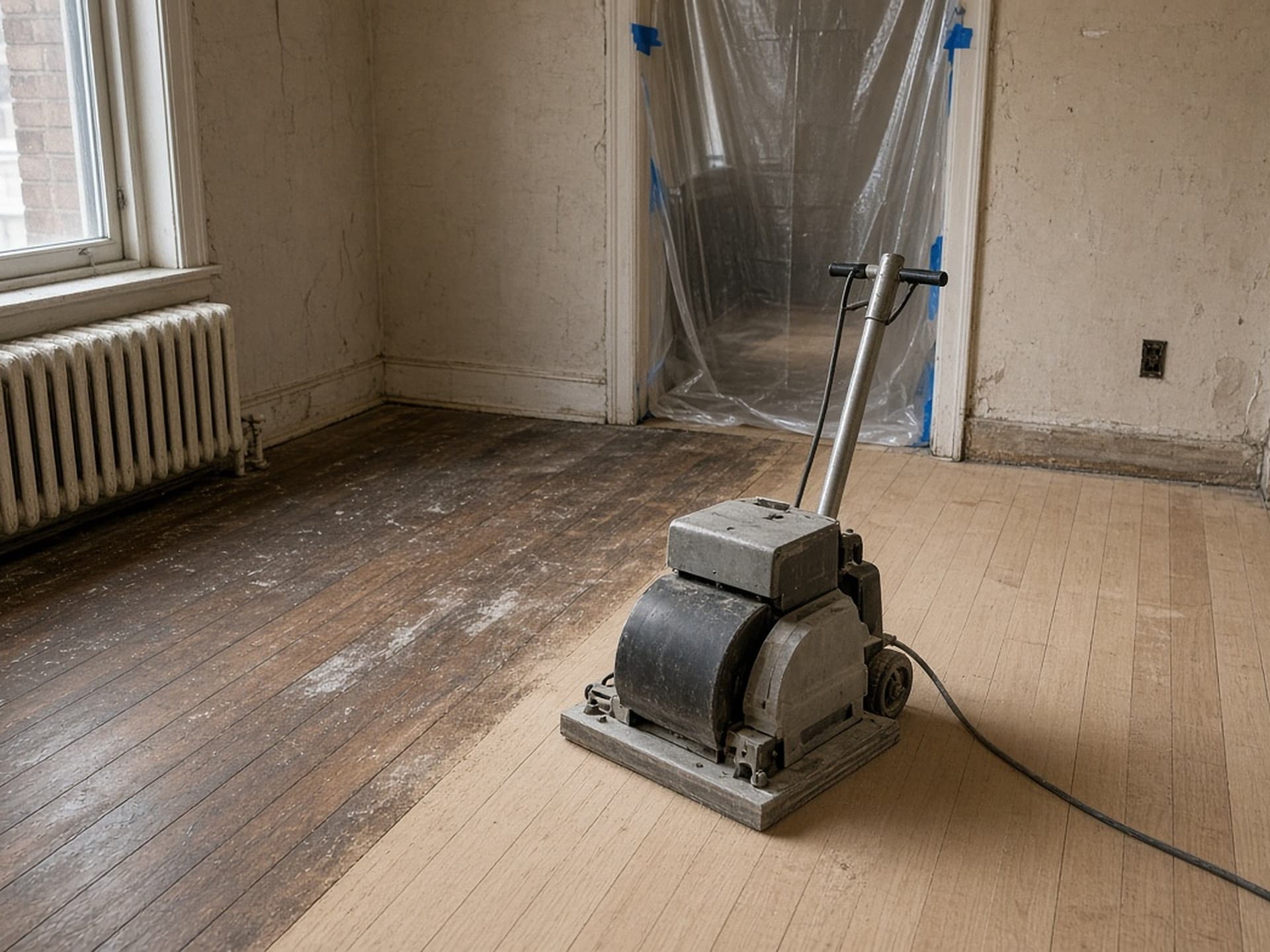 Professional dust-contained hardwood floor sander working across white oak planks in a sunlit Toronto home.