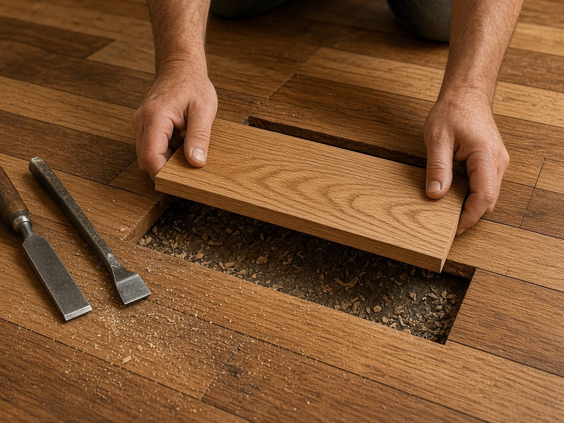 Craftsman fitting a grain-matched replacement white oak board into a water-damaged hardwood floor.