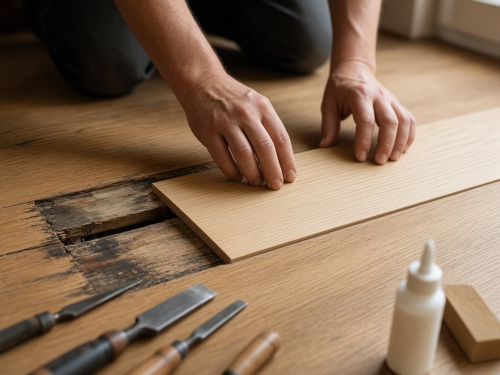 Craftsman fitting a grain-matched replacement white oak board into a water-damaged hardwood floor.