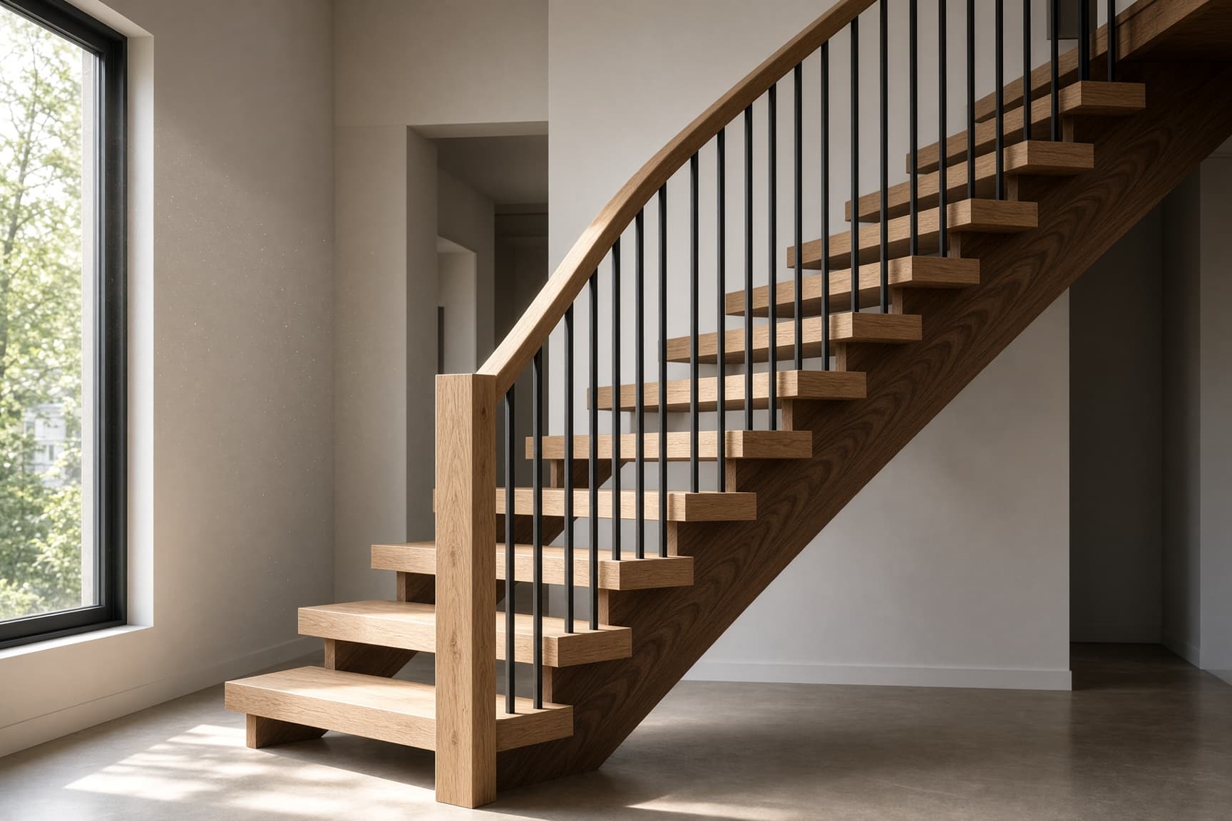 Custom walnut and white oak staircase with black metal balusters and a sculpted oak handrail in a contemporary GTA home.