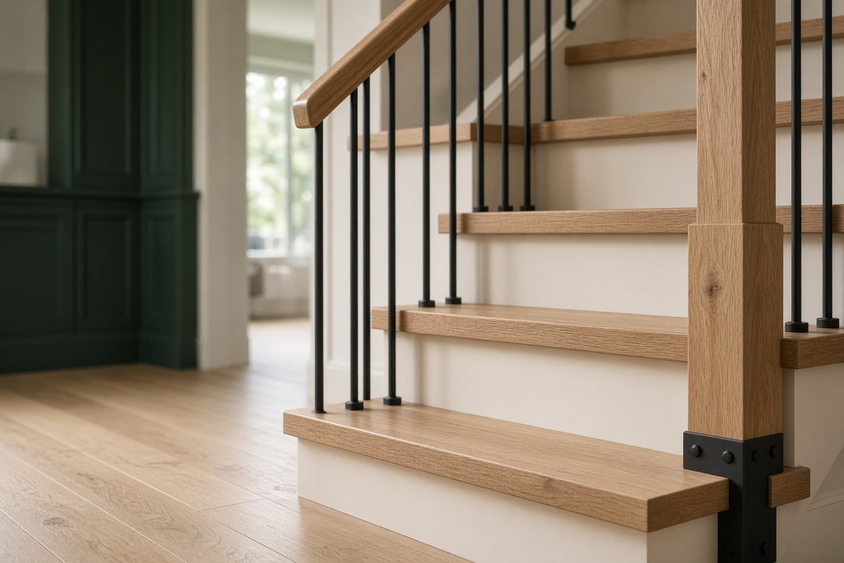 Custom white oak staircase with black metal balusters in a Greater Toronto home.